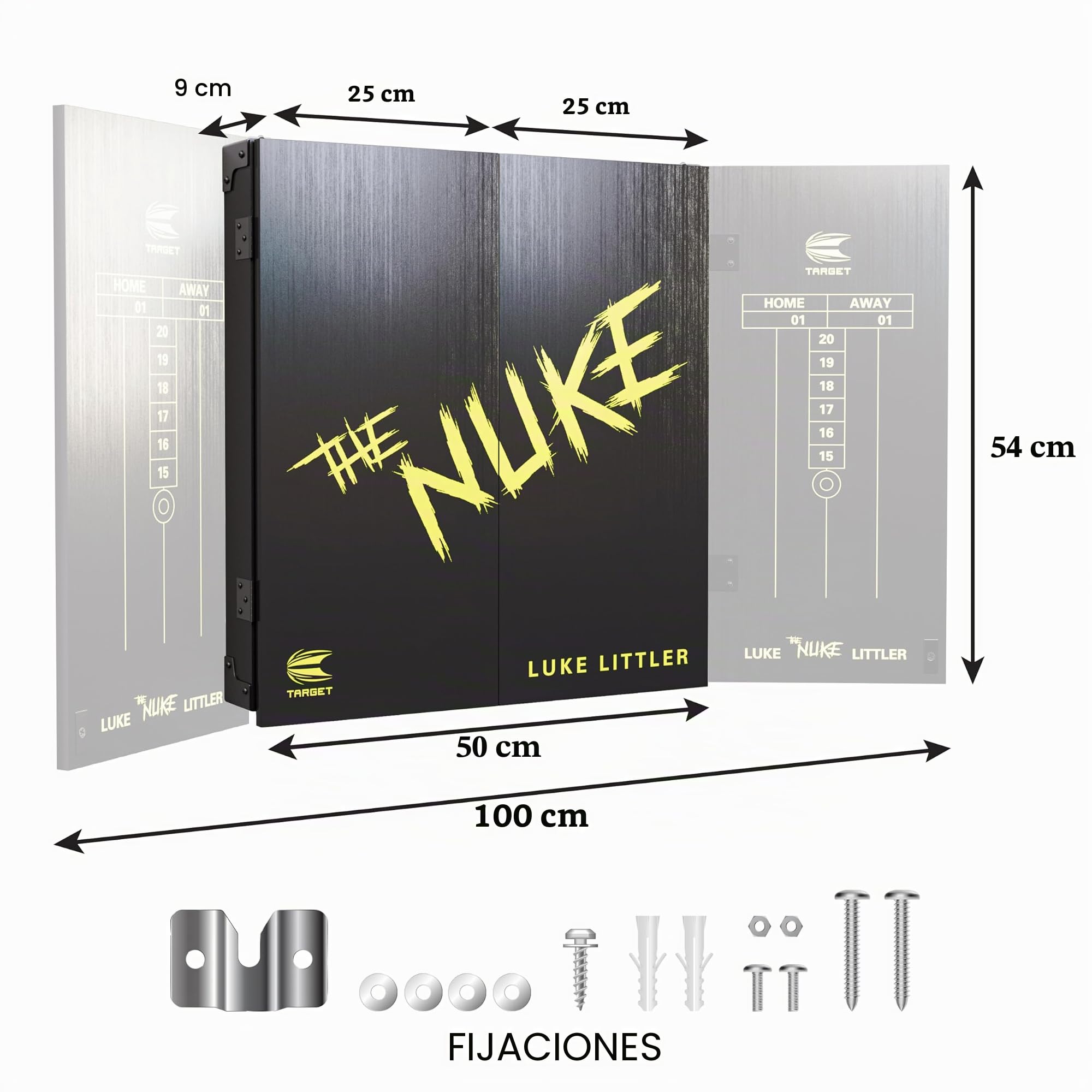 Target Darts Juego de Armario y Diana Luke Littler | Juego de Armario con Diana de Dardos Player Edition 'The Nuke' con 2 Juegos de Dardos con Punta de Acero, Tablas de Puntuación, Línea Lanzamiento