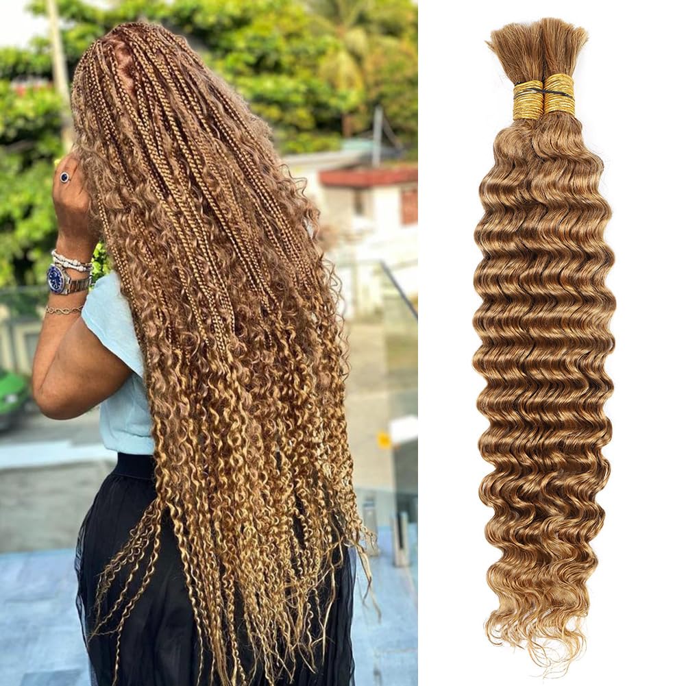 Deep Wave Bulk Human Braiding Hair 100g 26 Inch Honey Blonde Human Braiding Hair for Boho Braids 2 Bundles/Pack No Weft Color 27# Brazilian Human Braiding Hair Extensions for Micro Braiding