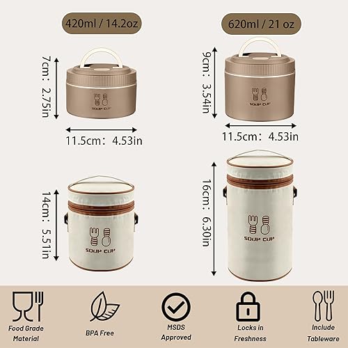 Miniatura 2 de Tinaforld Juego de recipientes de almuerzo portátiles aislados para adultos, lonchera Bento apilable de acero inoxidable para alimentos calientes,