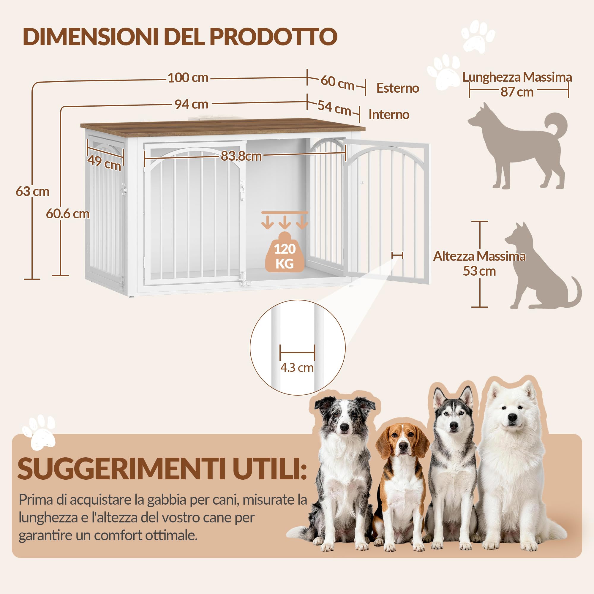 Jaula para Perros, 100cm Jaula Mueble para Perro con 4 Puertas, Casa Madera Perro, Mesa Auxiliar, Casa Interior Perros, Perros Pequeños y Medianos, 100 x 60 x 63 cm, Marrón y Bianco