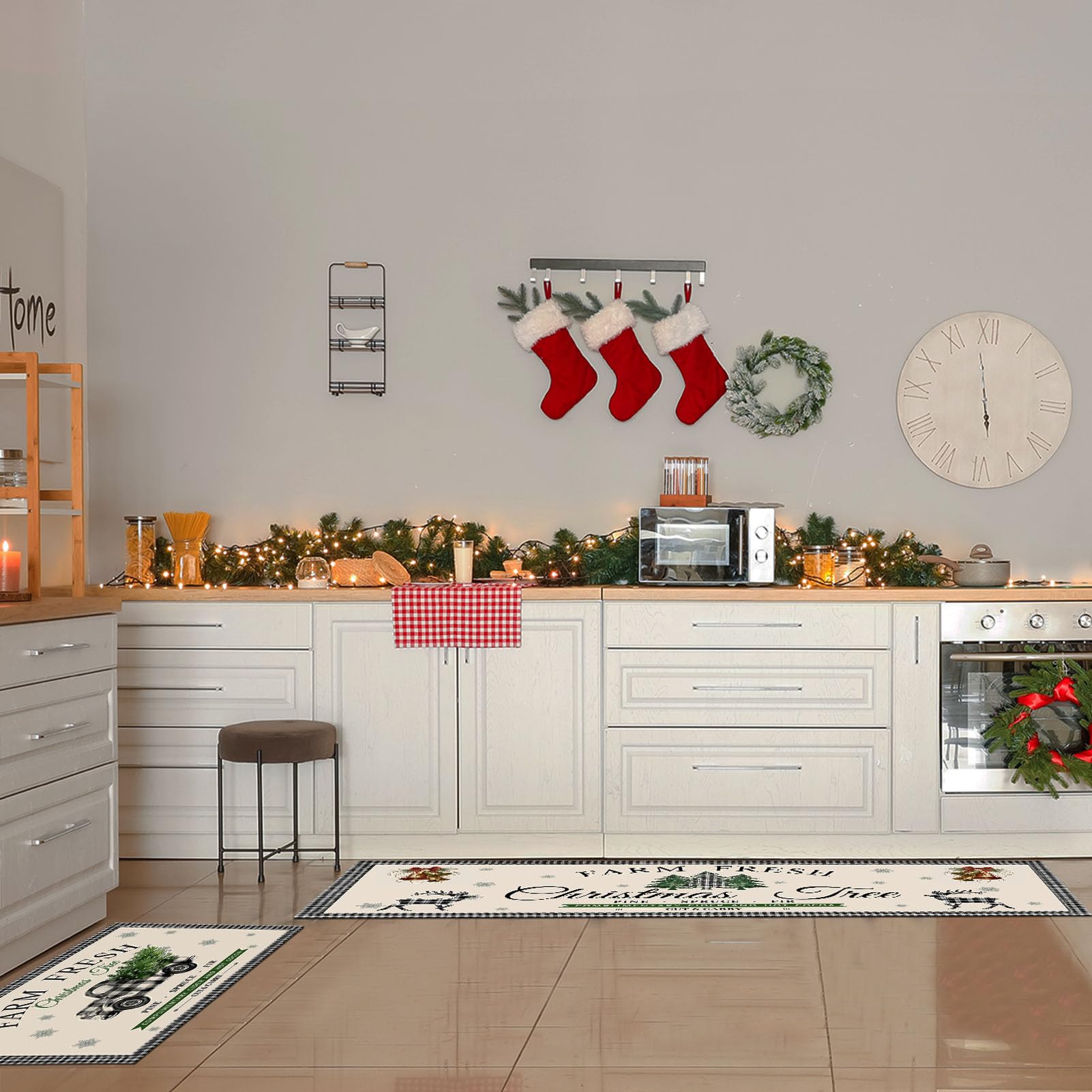 Christmas Farm Fresh - Juego de 2 tapetes de cocina de Navidad, diseño de búfalo, a cuadros, decoración de invierno, árbol de Navidad, camión, cocina, suelo, 43 x 71 cm y 43 x 119 cm