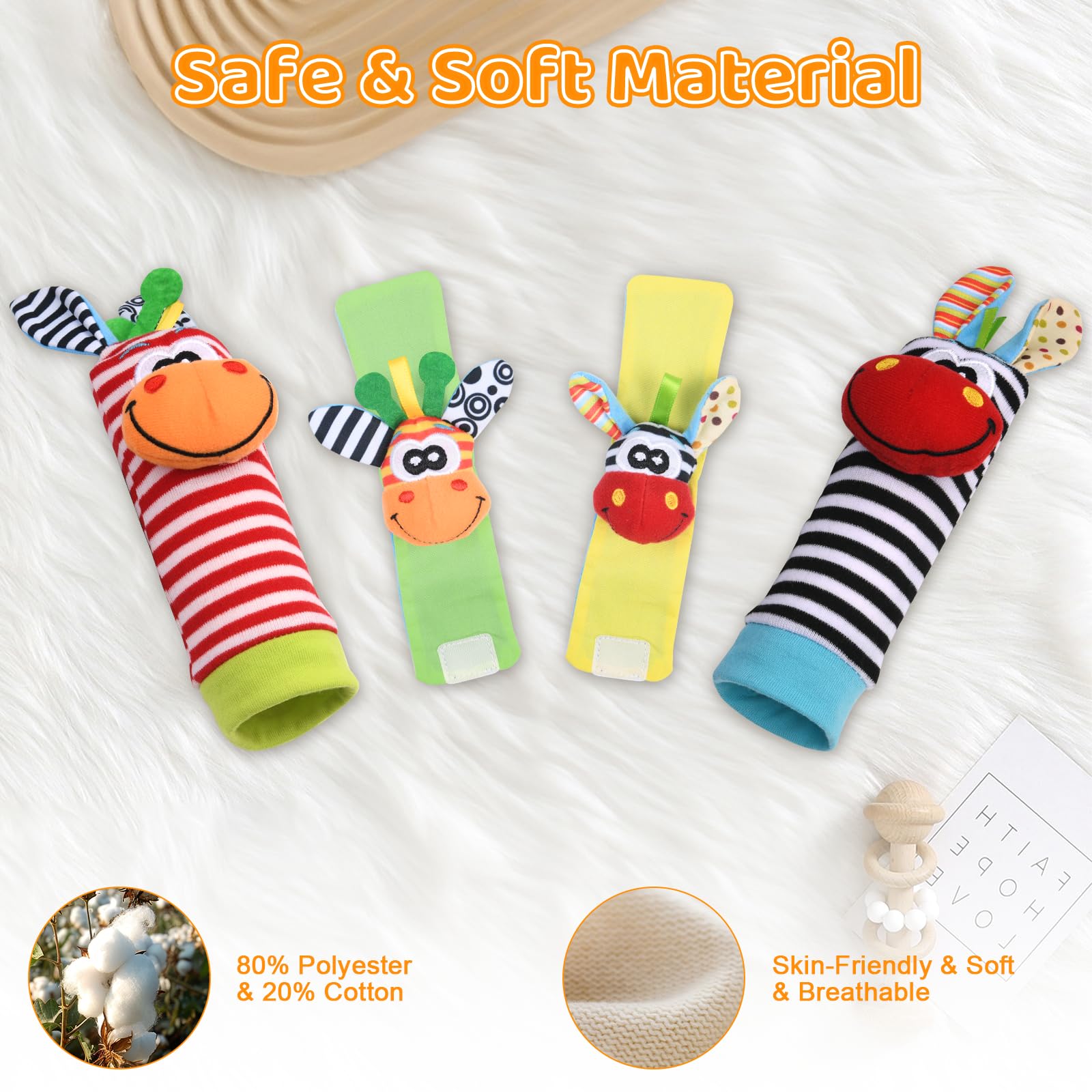 Vicloon Baby Rattle, 4 Pack Neonato Sonagli Calzini da Polso a Sonaglio per Bambini, Sonagli sensoriali, Giocattoli Soffici - 0-6 Mesi