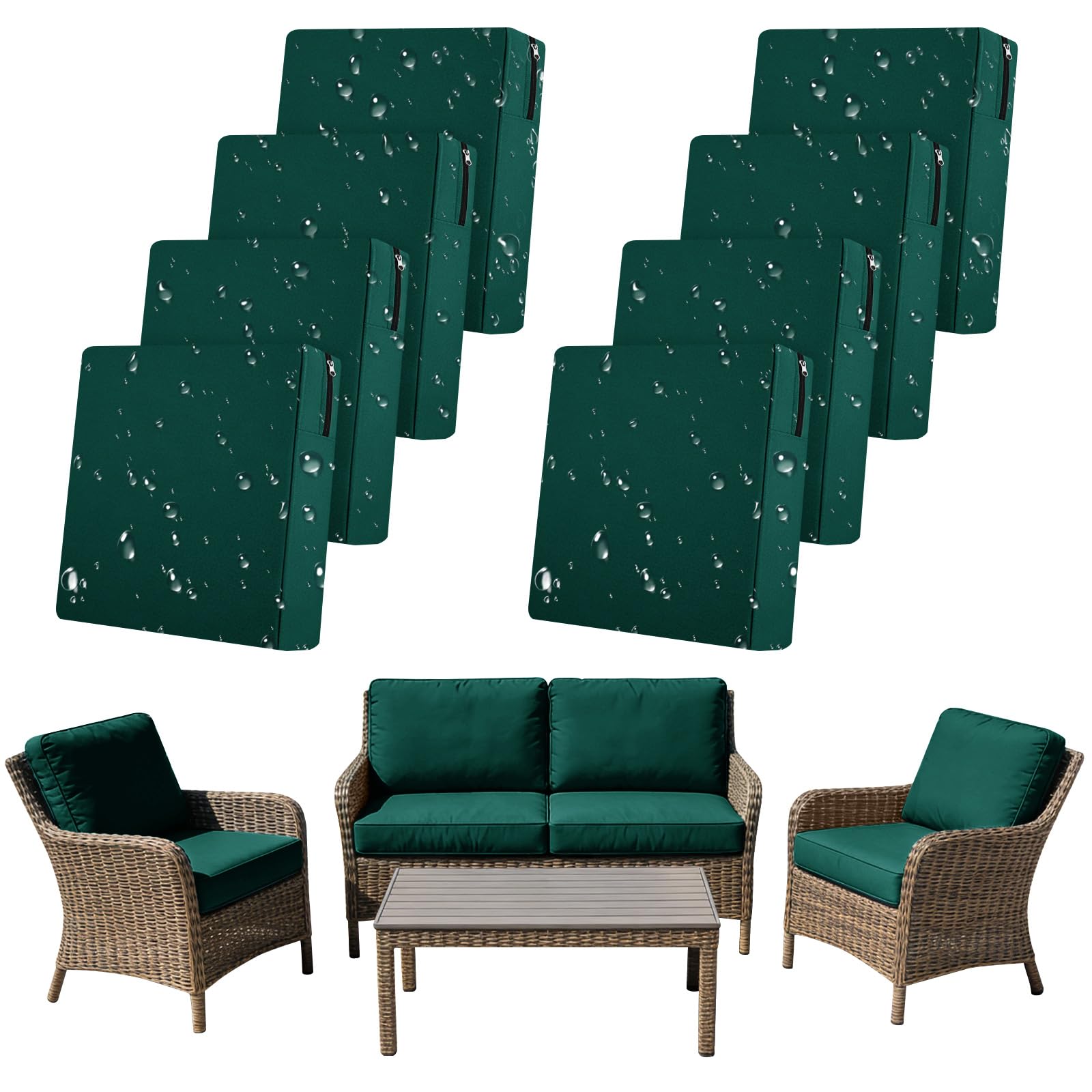 SYLC 8Pcs Outdoor Cushion Covers Waterproof Patio Cushion Covers Replacement with Zipper, Garden Rattan Sofa Seat Slipcovers Furniture Protector (Teal,4pcs 60×55×10cm＋4pcs 55×50×10cm)