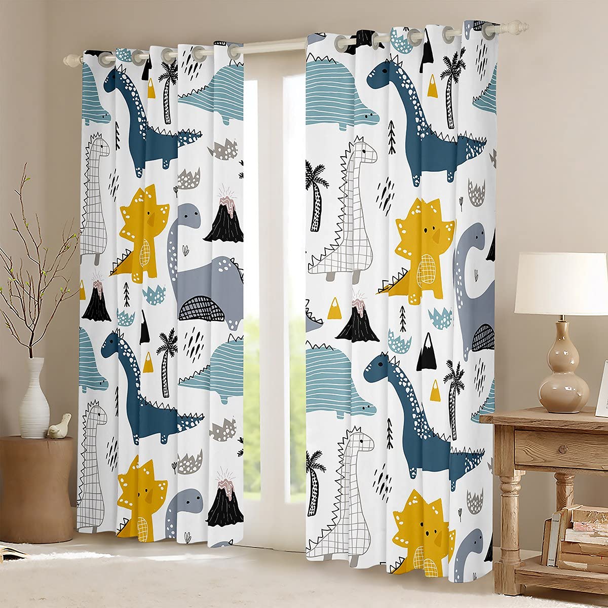 Dinosaur Curtains Window Kids Boys Eyelet Windows Drapes Novelty Ring Top Window 3D Print Curtain for Bedroom Living Room Room Decoration,W46*L54 - Image 2
