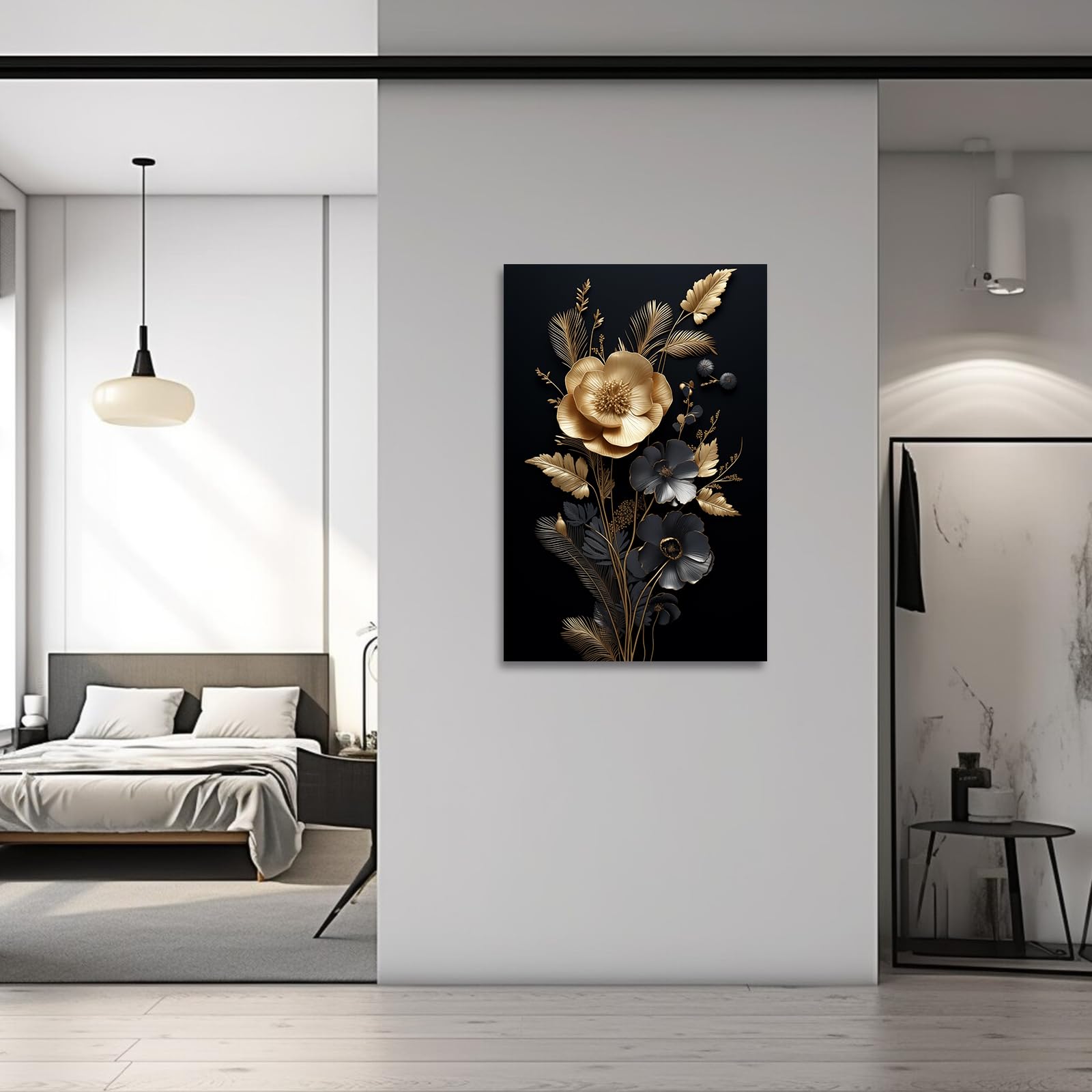 ZXHYWYM Golden Flowers Leave Wall Decor Abstract Black Gold Picture Painting Elegant Floral Canvas Prints Modern Artwork for Living Room Framed (Picture-3 - Image 2
