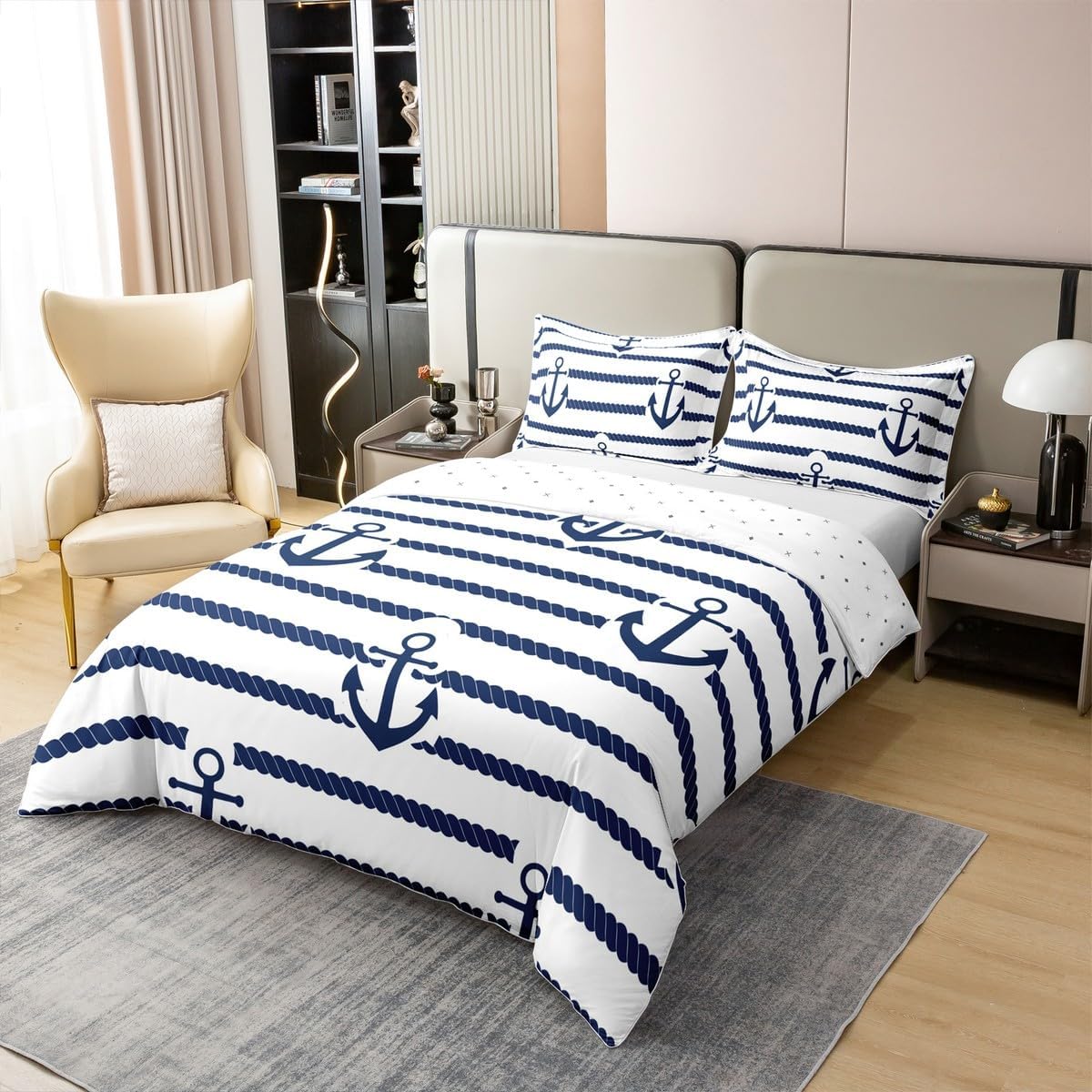 Castle Fairy Boys Anchor Duvet Cover Set 100% Natural Cotton Twin Size Nautical Anchor Ropes Super Soft Bedding Set 2 PCS Geometric Stripes Cotton Solid Comforter Cover for Bedroom Decor