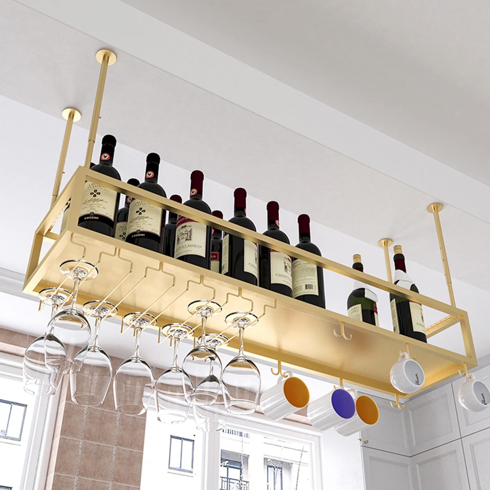 Casier à vin suspendu plafond étagère de rangement verres présentoir bouteilles métal doré