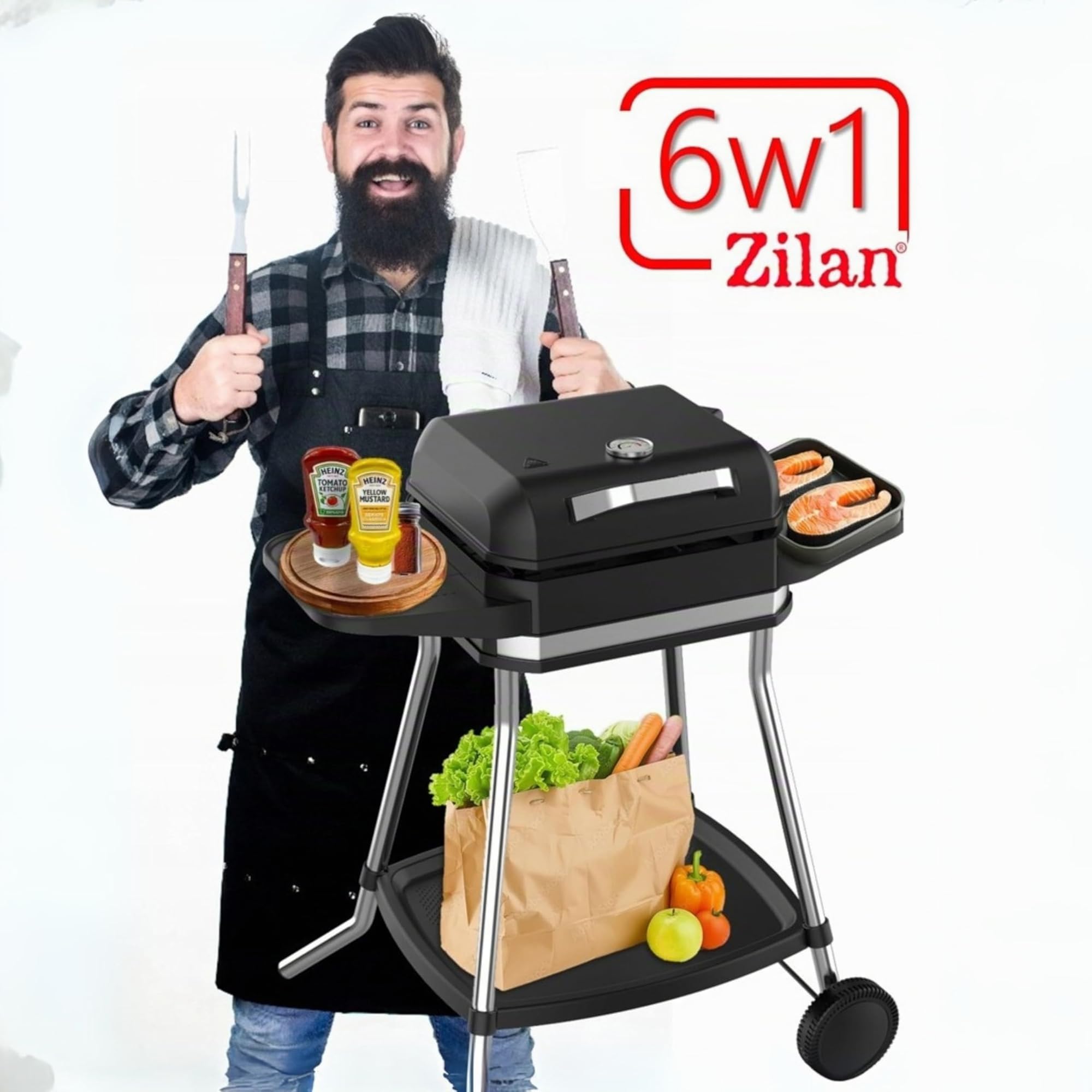 Barbecue elettrico 2 in 1 da tavolo, 3050 W, per balcone, esterno, con supporto, ampio vano per barbecue, regolatore di temperatura senza livelli, barbecue elettrico