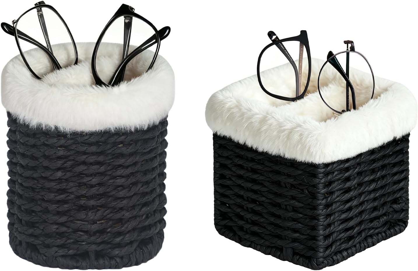 Glasses Holder & 2 slots Paper Rope Plush Lined Eyeglass Holder Eyeglasses Storage Organizer for Nightstand, Desk, Table, Dresser, Black