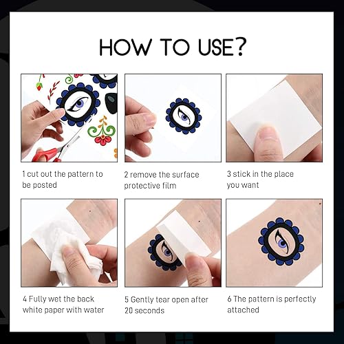 Miniatura 7 de Tatuajes faciales del Día de los Muertos, 8 hojas de tatuajes temporales de Halloween, kit de calcomanías faciales para el Día de los Muertos con