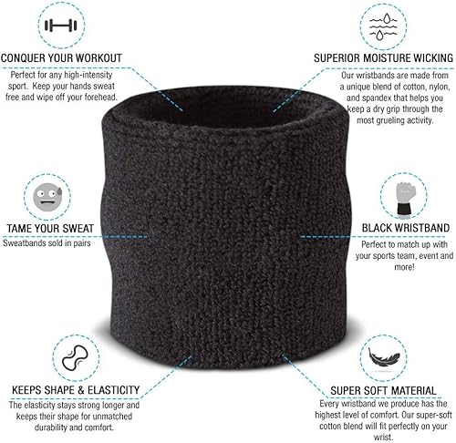 Miniatura 2 de Suddora - Muñequeras de tejido de rizo de algodón para baloncesto, tenis, fútbol, béisbol (un par)