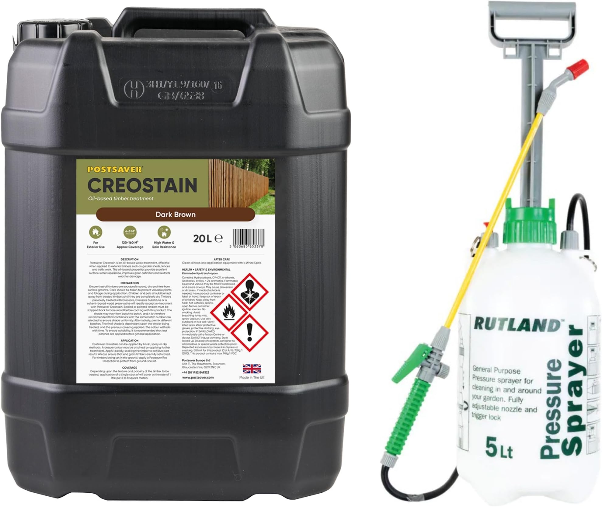 POSTSAVERCreostain & Sprayer | Oil Based Timber Wood Treatment | Creosote Creocote Substitute | Ideal for Fences & Sheds | 20 Litre + Sprayer (Dark Brown)