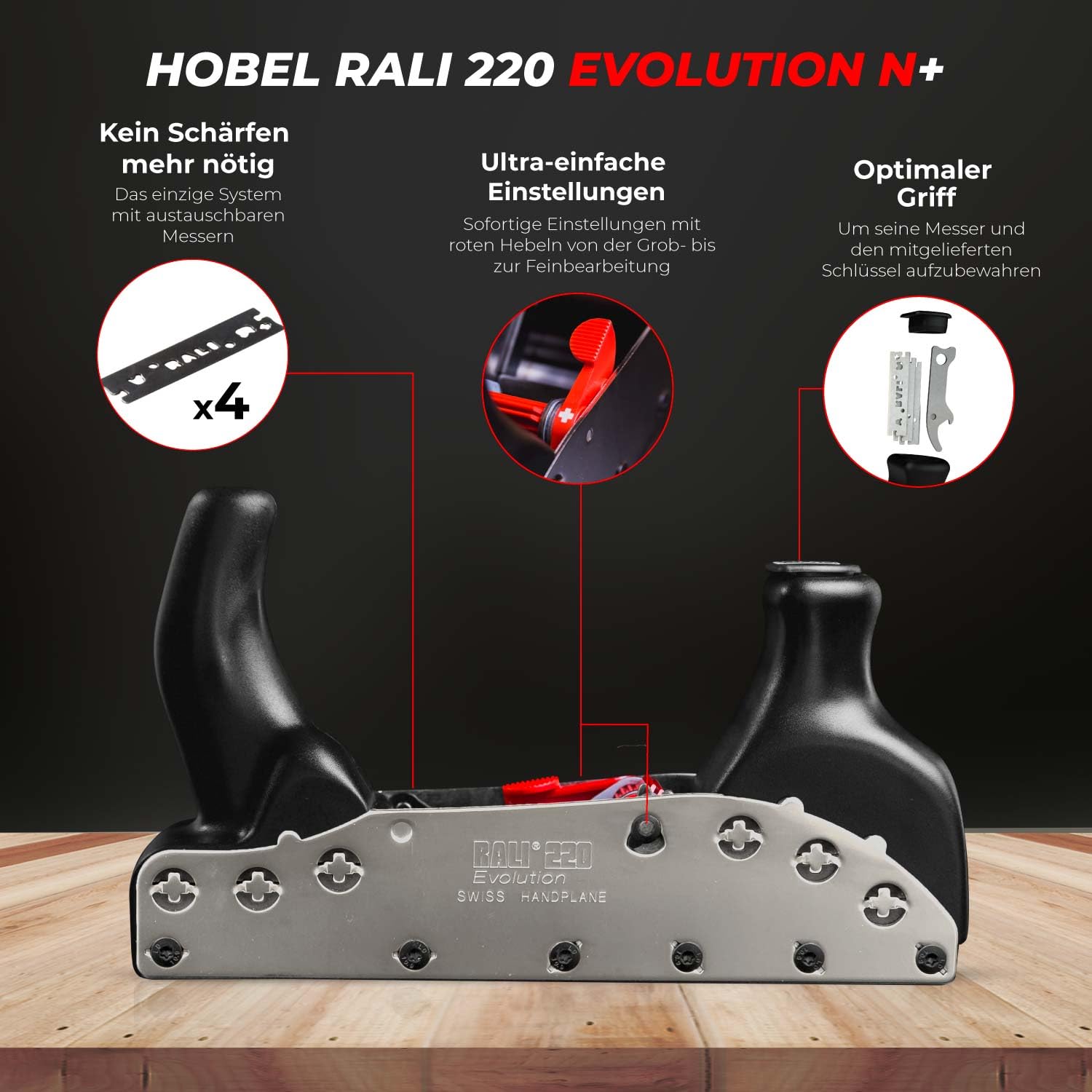 RALI 220 EVOLUTION N+: profesjonalna strug do drewna bez ostrzenia z 4 nożami obrotowymi i 4 szybkimi ustawieniami: głębokość cięcia, łamacz wiórów i otwieranie myszy, szwajcarski strug ręczny dla