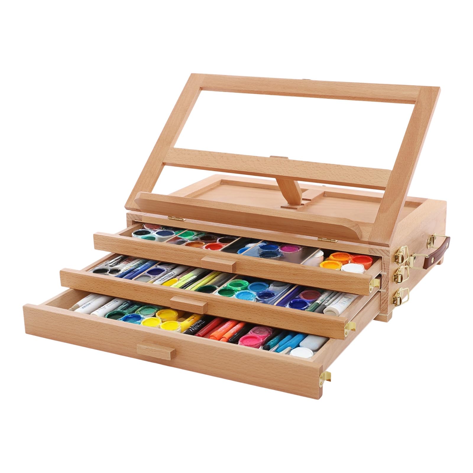 Caballete de mesa con 3 cajones, caballete ajustable de madera de haya, caballete portátil para maleta para pintar y dibujar