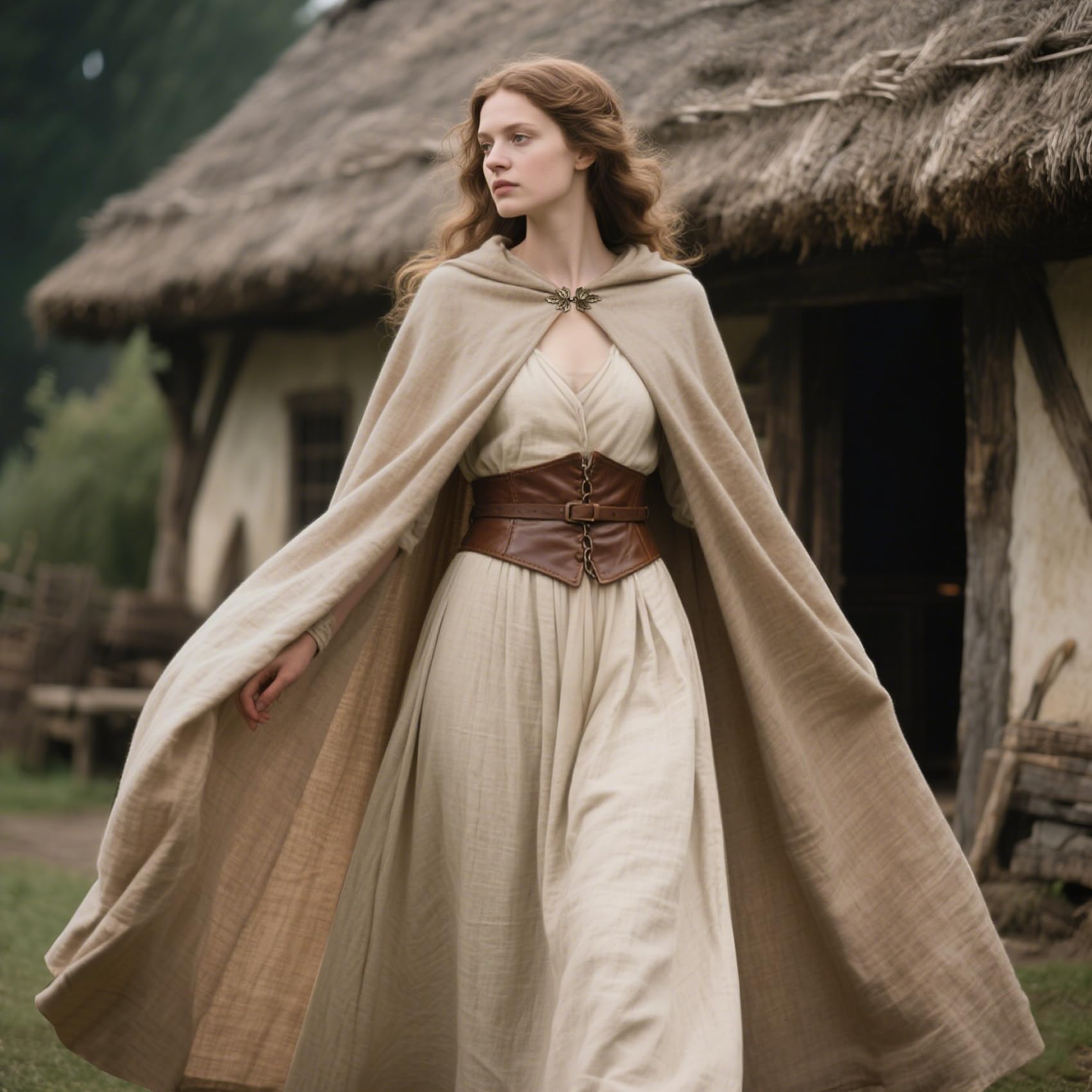 keland Mittelalter Umhang Leinen Renaissance Kapuzenumhang für Damen Herren Halloween Cosplay (Khaki)