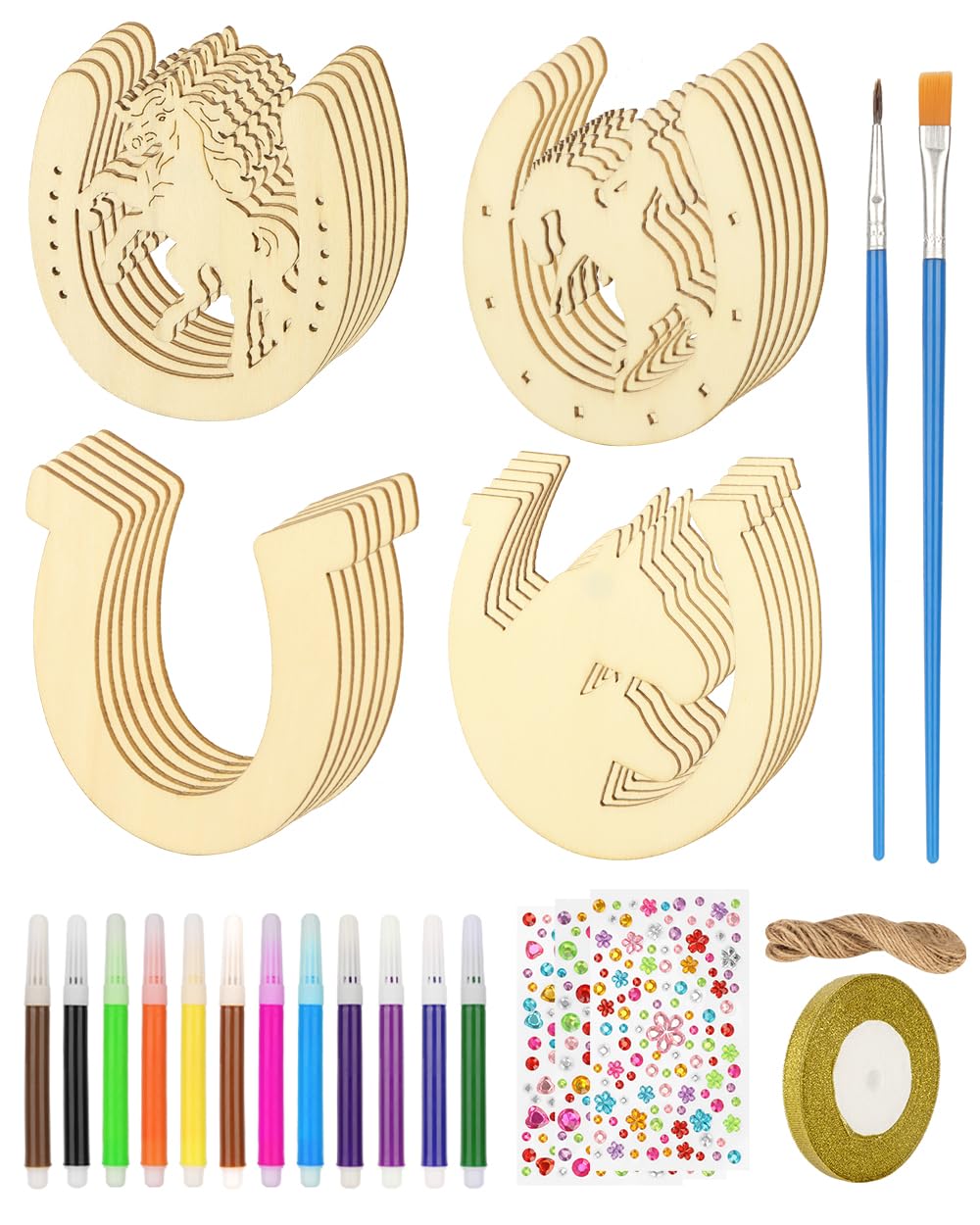 Hengxinchen Juego de 24 piezas de herradura de madera, herradura inacabada para cumpleaños infantil, decoración de herradura con lápiz de acuarela, cinta de purpurina y cuerda de cáñamo, herradura,