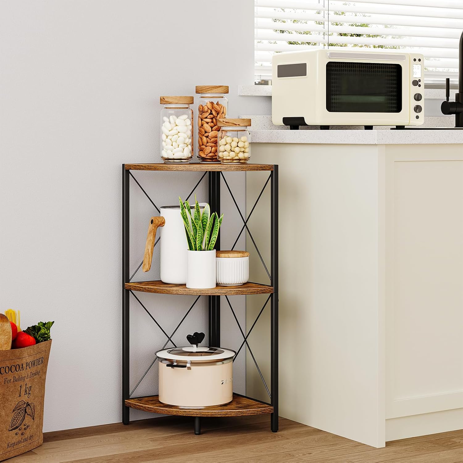 Snughome Corner Shelf with Metal Frame, 3 Tier Rustic Corner Storage Organizer, Freestanding Corner Bookshelf Stand Display Rack for Kitchen, Living Room