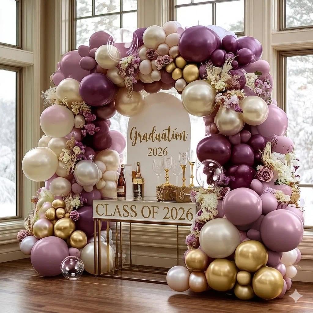 Dusty Purple Gold Balloon Arch Kit Double Stuffed Plum, Dark Lavender, Pearl White Sand Balloon Garland with Clear Bobo for Birthday Bridal Baby Shower Mothers Anniversary Graduation Party Decoration