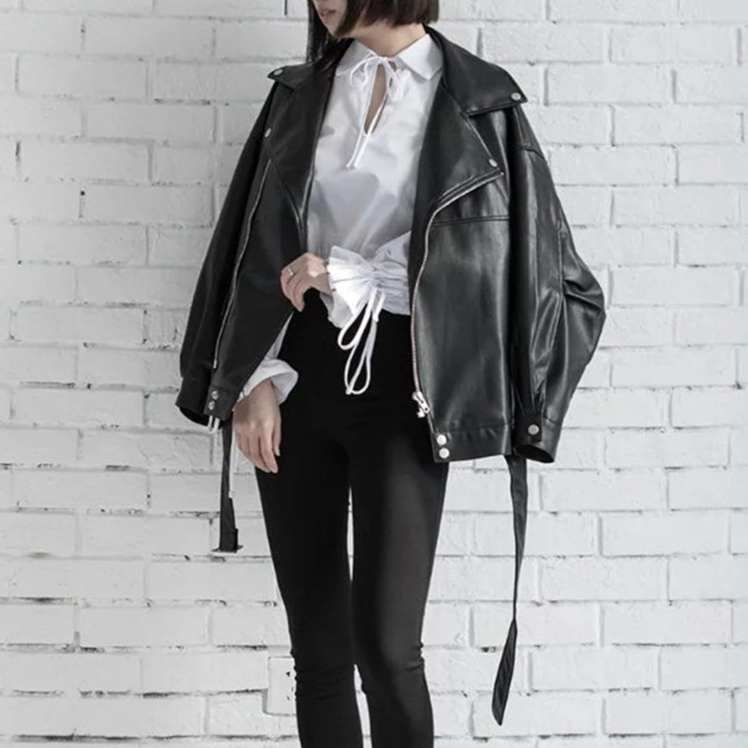 Women's Faux PU Belted Solid Coat Oversize Comfort Fall Coat Jacket Casual Faux Leather Outerwear