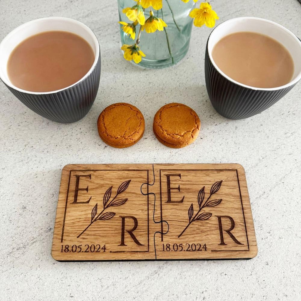 Personalised Engraved Couples Coaster Set with Initials Date, Wooden Coaster, His Her Gift, Mr Mrs Gift, Anniversary Wedding Gift, Set of 2