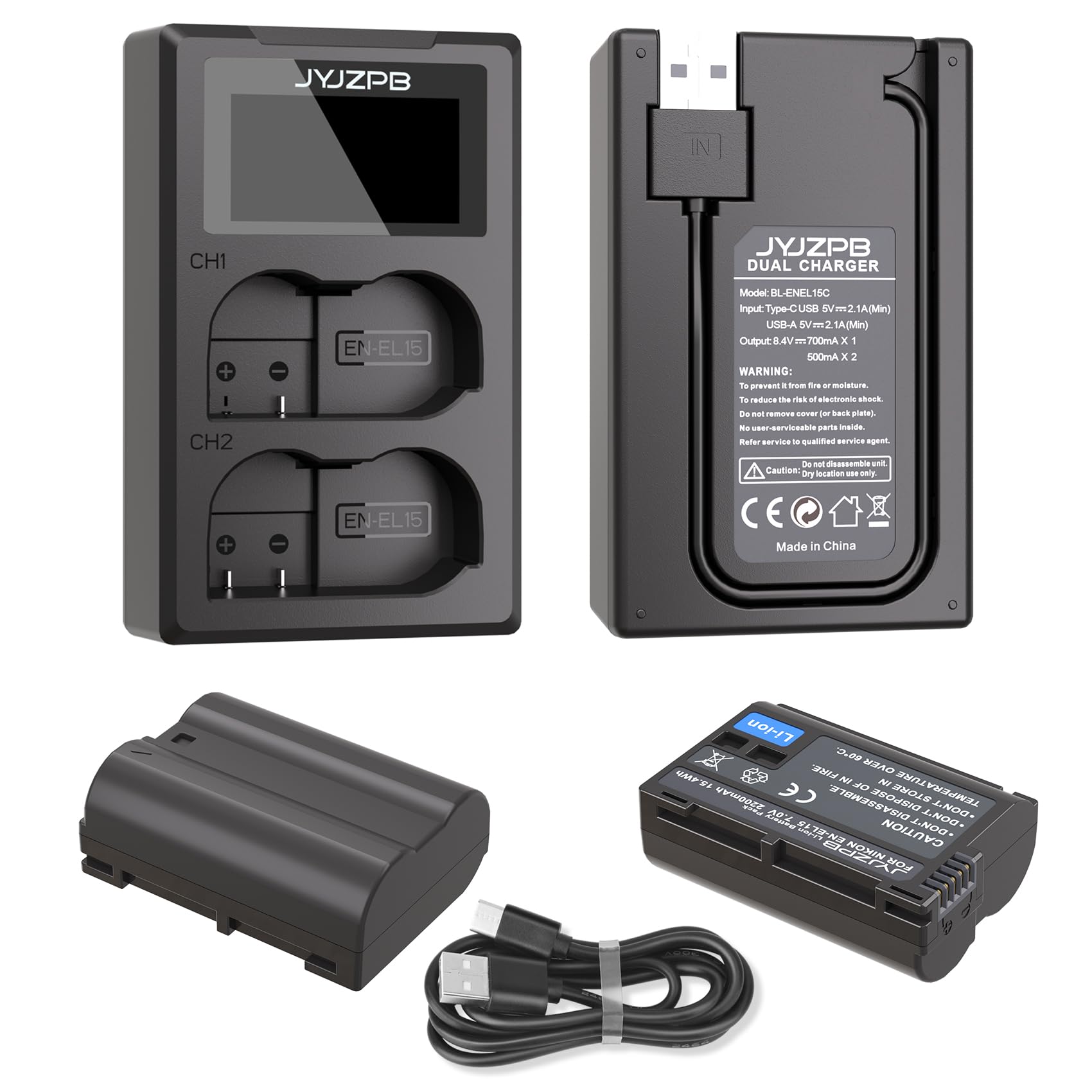 JYJZPB EN-EL15C Battery and Charger Set with Built in Cable Compatible for Nikon D7000 D7100 D7200 D7500 D750 ZF Z6 Z6 ii Z7 Z8 D500 D850 ZR Camera