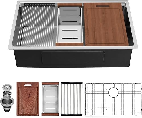 Fregadero de cocina con estación de trabajo de montaje inferior de 32 pulgadas, acero inoxidable 304T con repisa integrada para cocina, estación de