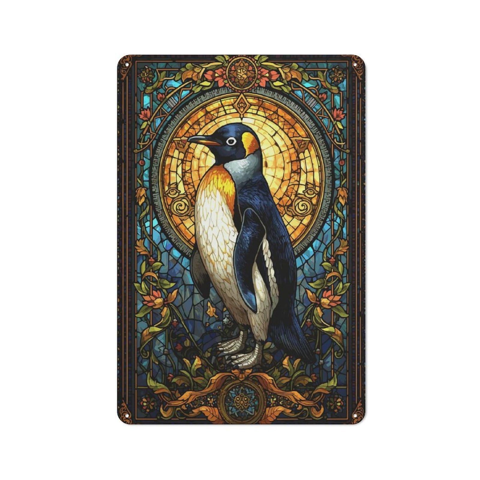Junmoney Style-16 Penguin Stained Glass Art Workshop Style Metal Wall Decor 30X20cm, Decorative Metal Plaque For Garage, Workshop, Shed Or Utility Room