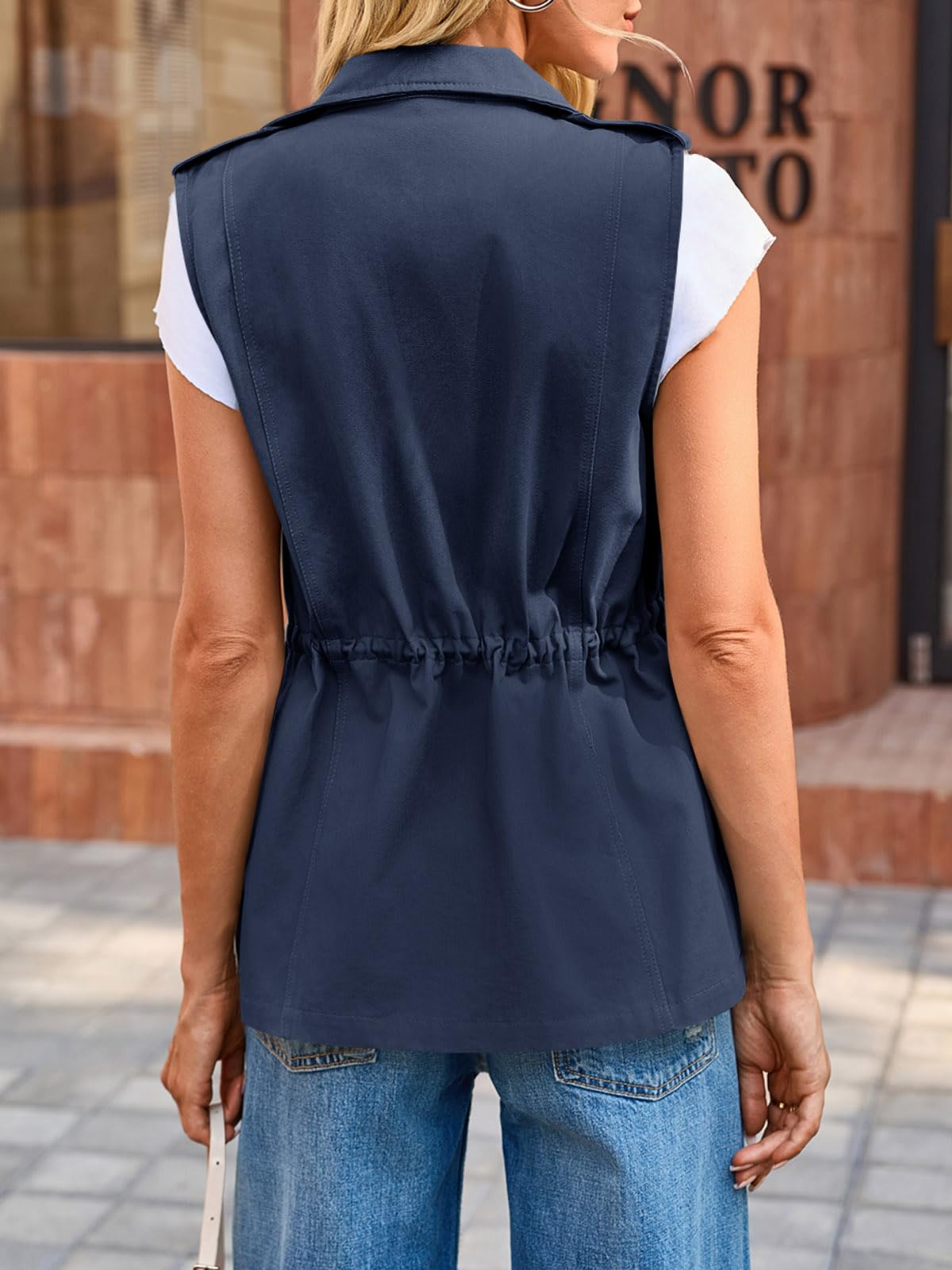 Imily Bela Chaleco cargo sin mangas para mujer, parka de entretiempo, chaqueta corta con bolsillos y cordón, chaleco de primavera y verano, ropa exterior
