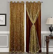 2 In1 Back Velvet Classic Grommet With Peach Embroidery Floral Door Semi Sheer Curtains- 1 Pair (7 Feet, Brown Velvet)