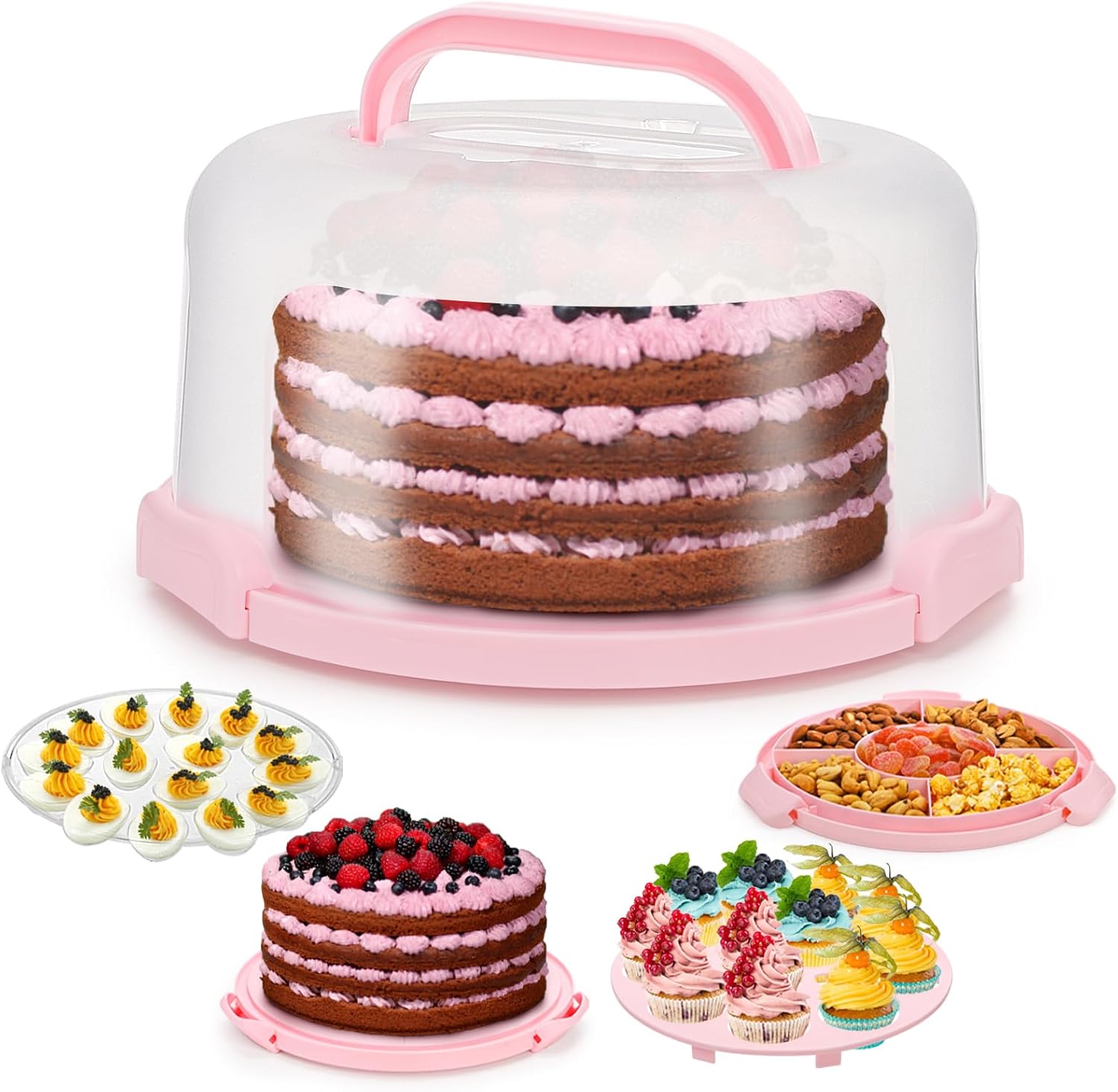 Coloch Cake Carrier with Lid and Handle, 3 in 1 Multipurpose Cupcake Holder for 10 In Cake, Portable Dessert Container for 11 Cupcake Plastic Devil Eggs Holder for Cupcake, Muffins, Eggs, Snack, Fruit