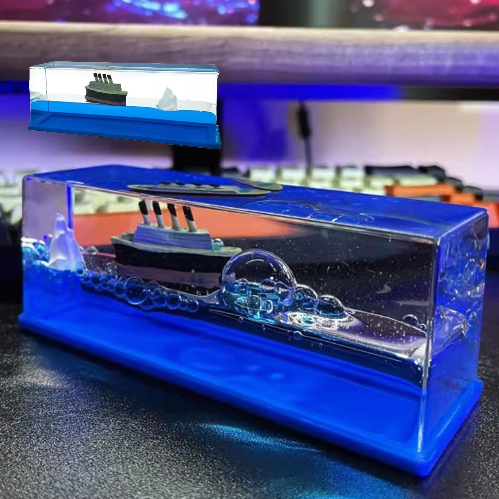 MELANYA Cruise Ship Fluid Drift Bottle, Cruise Ship Model Decoratio, Unsinkable Boat in a Box, Ship in a Bottle Home Decor The Cruise Ship That Never Sinks Decoration for Car Display and Gifts. (Blue)