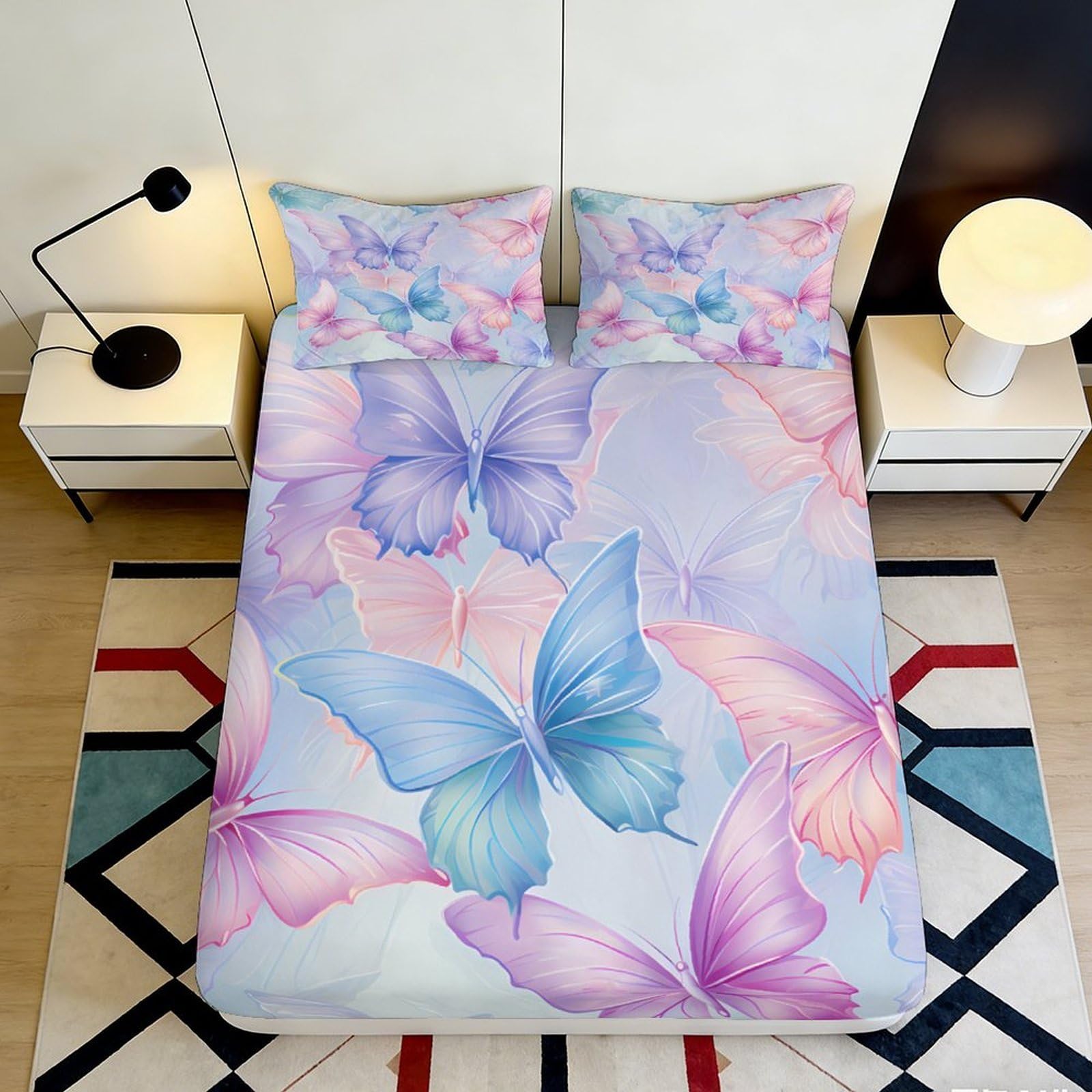 3D Printed Pastel Butterfly Fitted Sheet Microfiber Soft Breathable Colorful Butterfly Mattress Cover for Bedroom Dormitory Guest Room Protection Decoration 180x200x25cm
