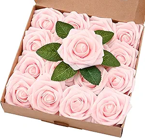 BLEUM CADE 16Pcs Artificial Flowers Fake Roses with Stems, Pink Boxed Foam Roses for DIY Bouquets Centerpieces Wedding Party Arrangement Bridal Shower Decor