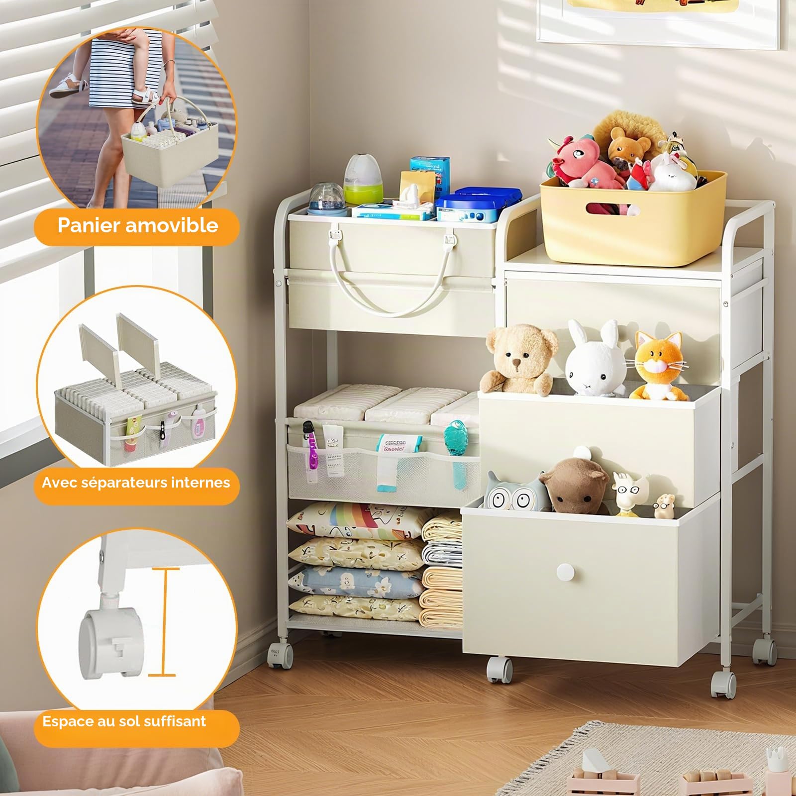 Chariot de Rangement Bébé 2-en-1 à roulettes, Organisateur Multi-Fonction avec Tiroirs et Compartiments, Grande Capacité pour Table à Langer, Lit, Berceau et Chambre de Bébé(Blanc)