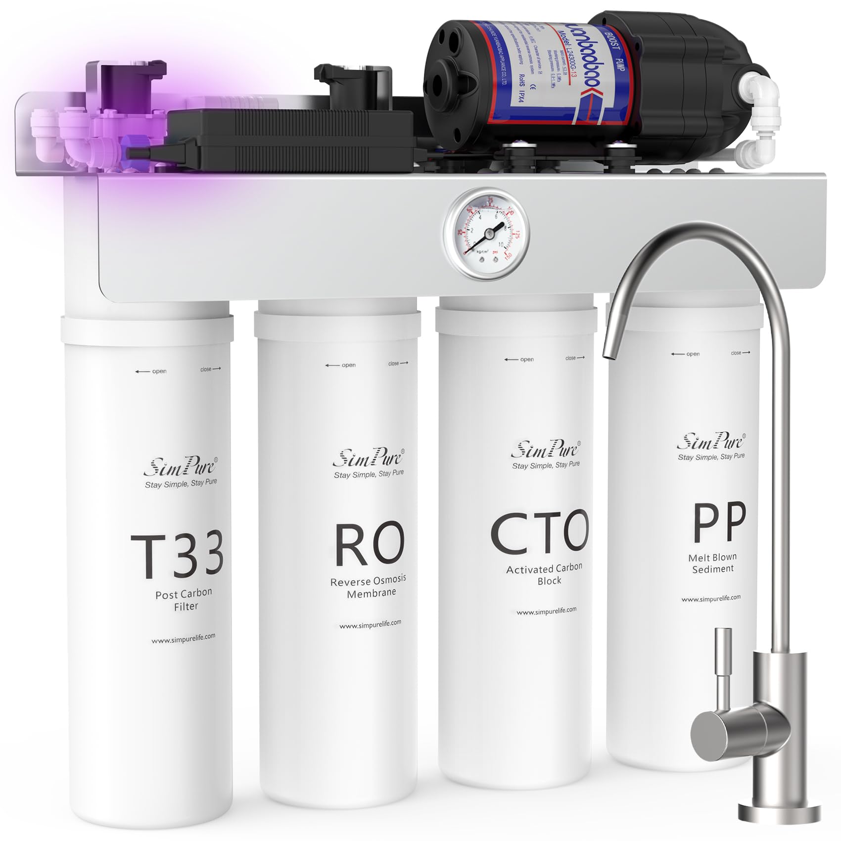 SimPure T1-400UV Tankless Reverse Osmosis System with UV, NSF/ANSI 58 Certified, Under Sink RO Water Filter System 400 GPD, 8 Stage Filtration Near 0 TDS, Built-in Pump, BPA Free, 1.5:1 Pure to DrainSimPure T1-400UV Tankless Reverse Osmosi…