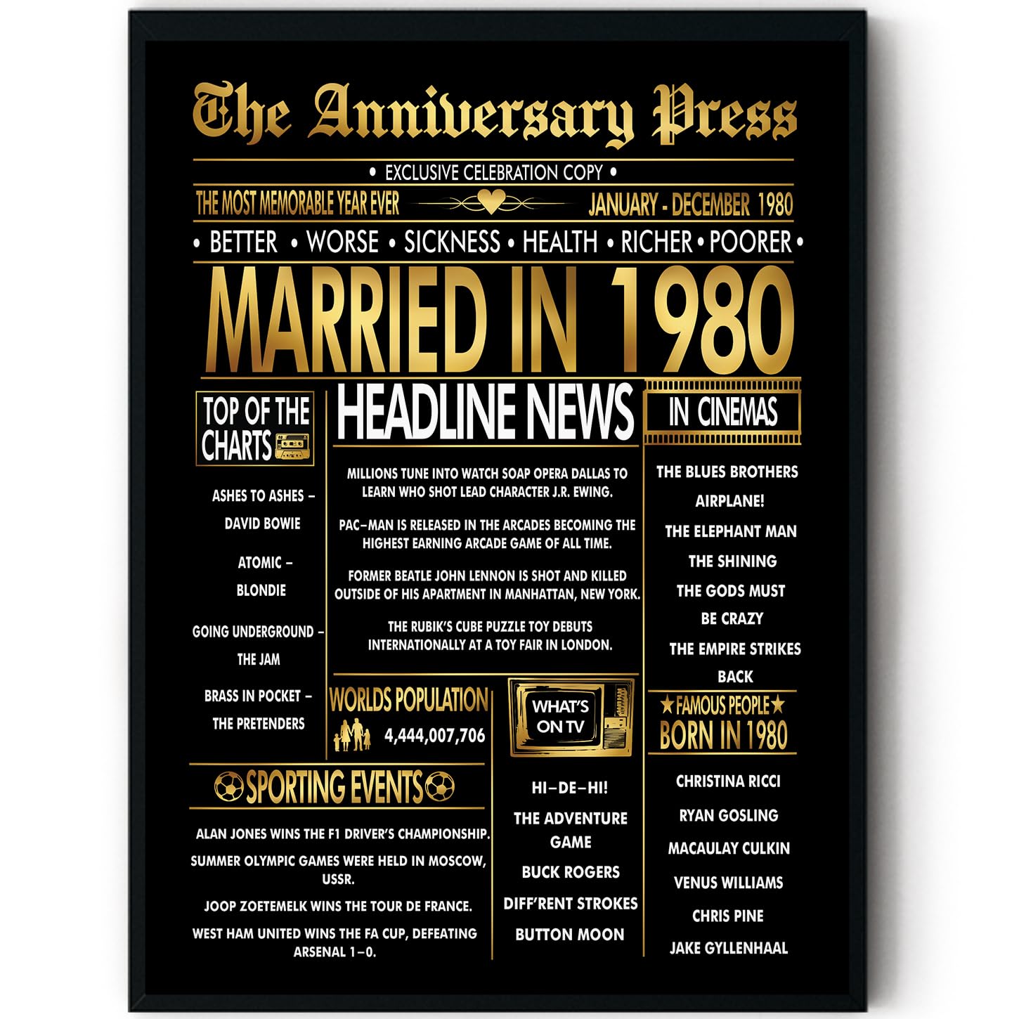 Stuff4 Men's 1980 Gold 46Th Anniversary Poster Framed
