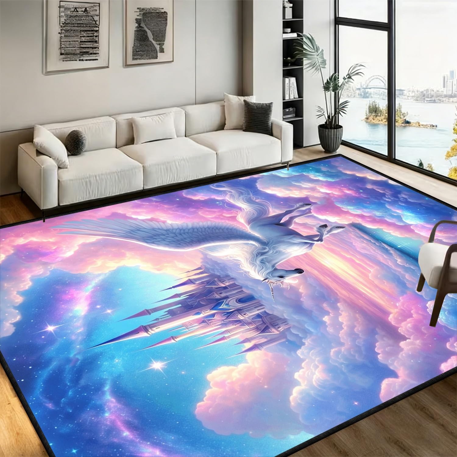 Fantasie Unicorn Kinder Teppiche, 60x110cm, Verträumt Blau Rosa Wolken Magie Schloss Teppich für Mädchen, Gemütlich Weich rutschfest Klappbar Teppich für Baby Schlafzimmer Kindergarten