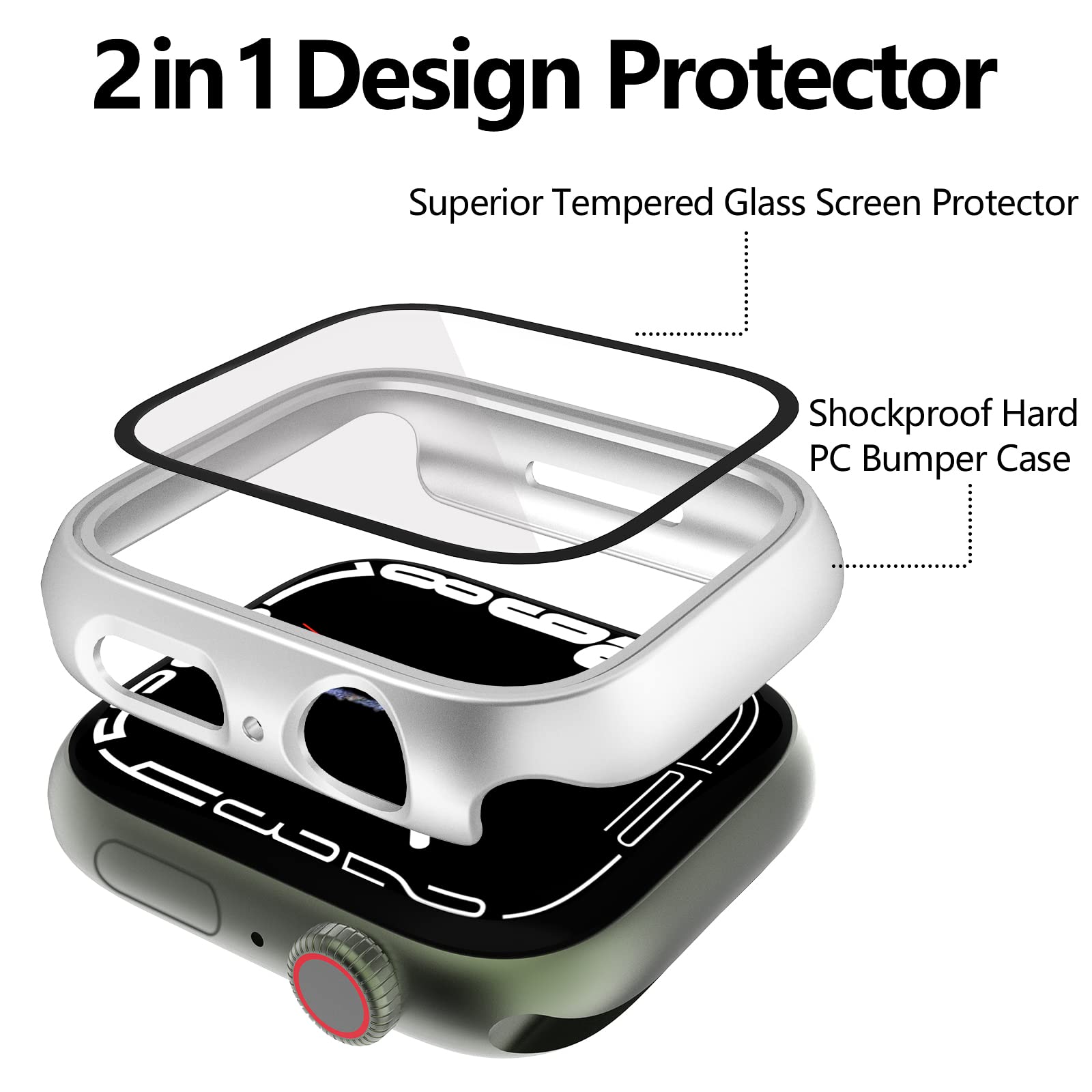 12 fundas para Apple Watch Series 9/8/7 de 45 mm, carcasa rígida de policarbonato con protector de pantalla de vidrio templado, protector de marco completo compatible con iWatch Series 9/8/7