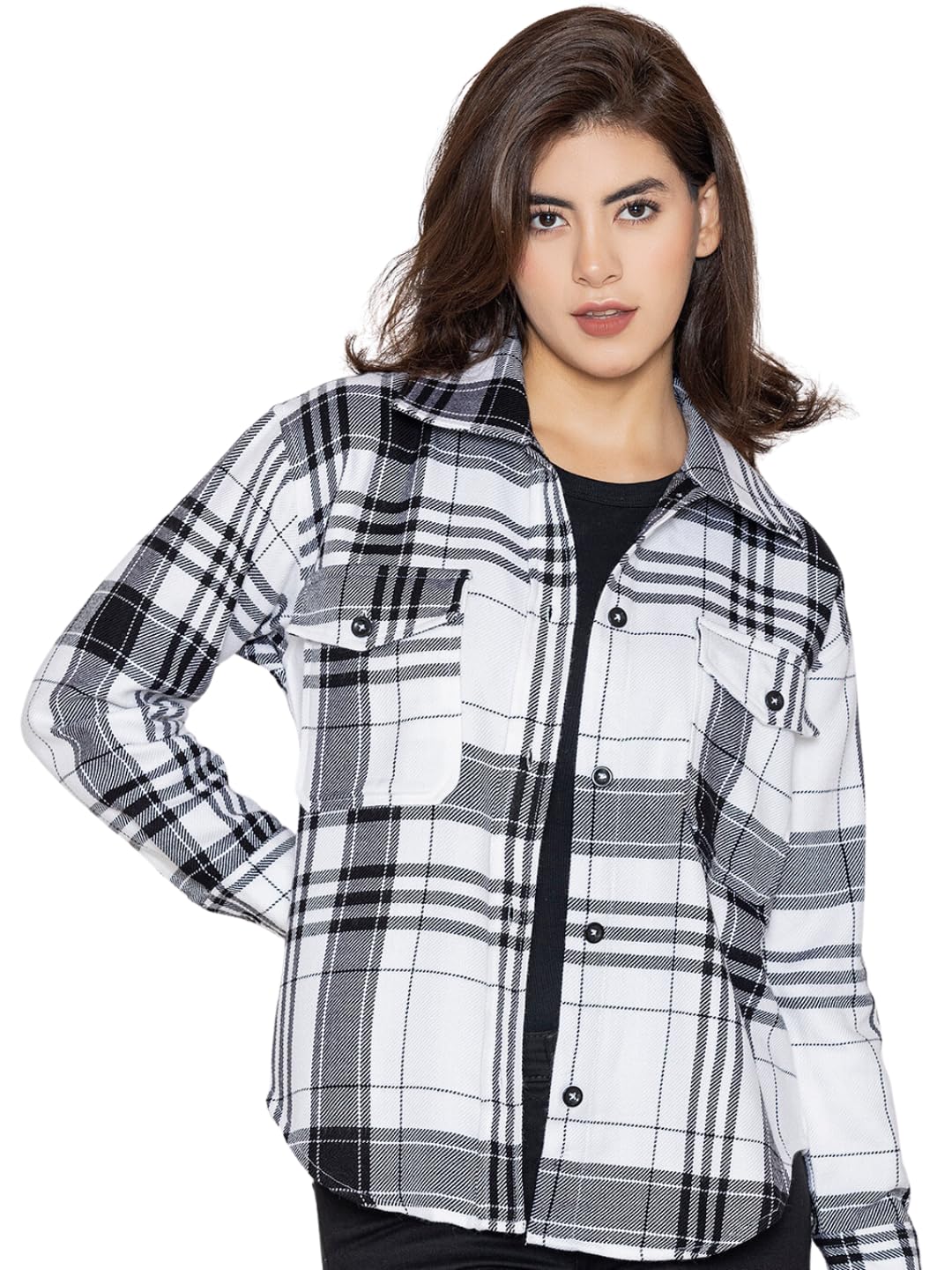 lounge dreams White & Black Oversized Tartan Check Shacket-picture-15