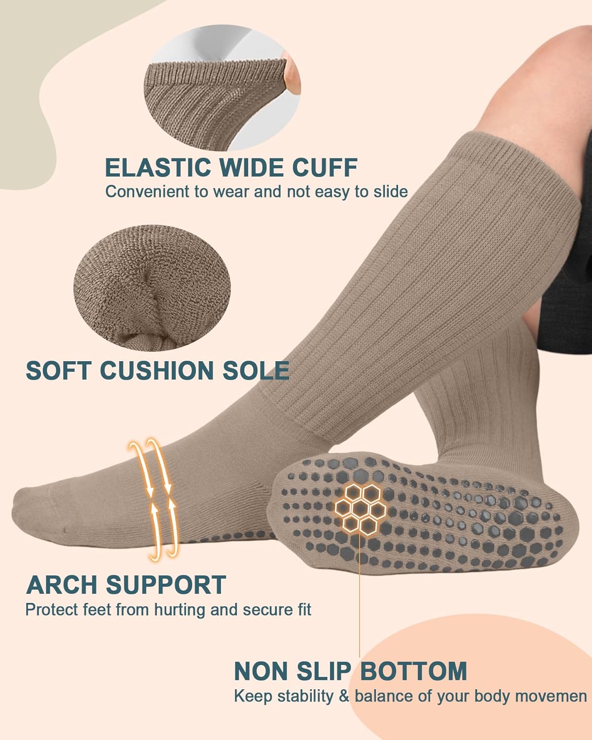 yeuG Pilates Grip Socks for Women Yoga Slouch Socks with Grip for Barre Knee High Boot Socks Long Scrunch Slipper Socks - Image 3
