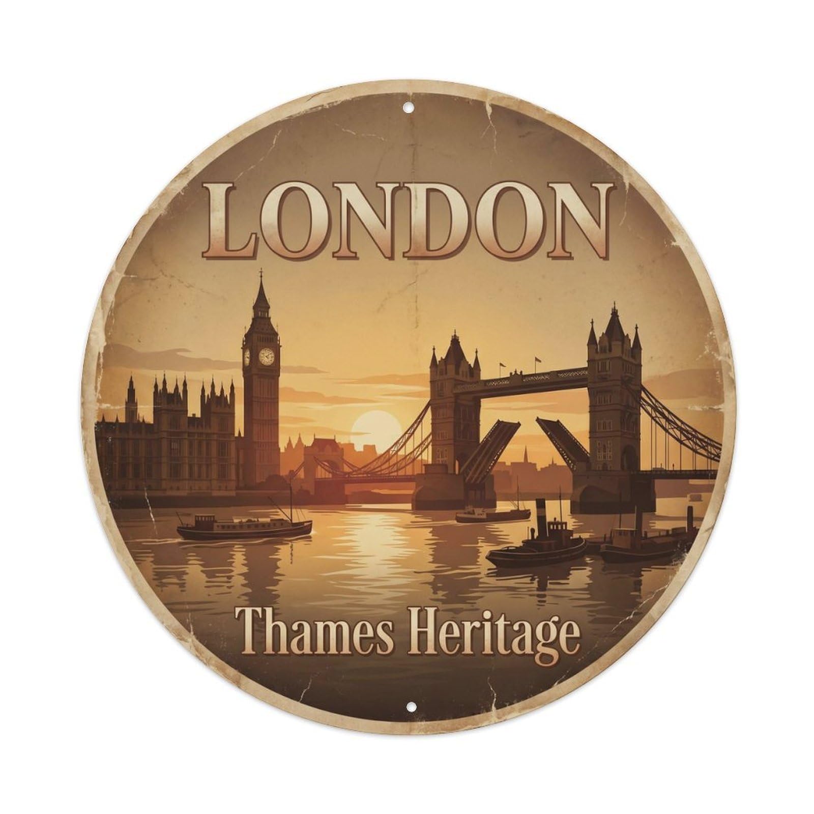 Vintage Travel Thames London Riverside Metal Tin Sign Plaque Wall Decor for Cafe, Club, Garden Round Metal Poster 8x8Inch