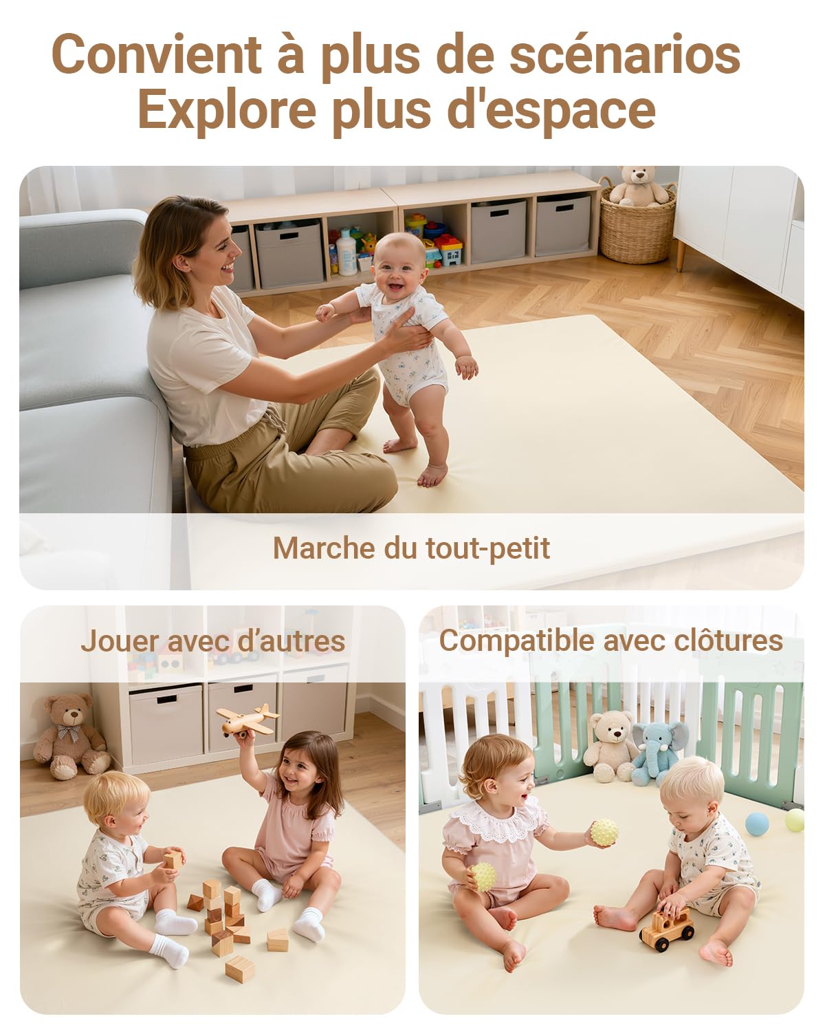 Imperméable Tapis D'eveil Bebe 127x127x3 cm, Beige Tapis de Jeux Bebe en Similicuir pour Chambre D'enfant, Dessous Antidérapant, Facile D'entretien, Tapis de Jeu pour Enfants pour Parc