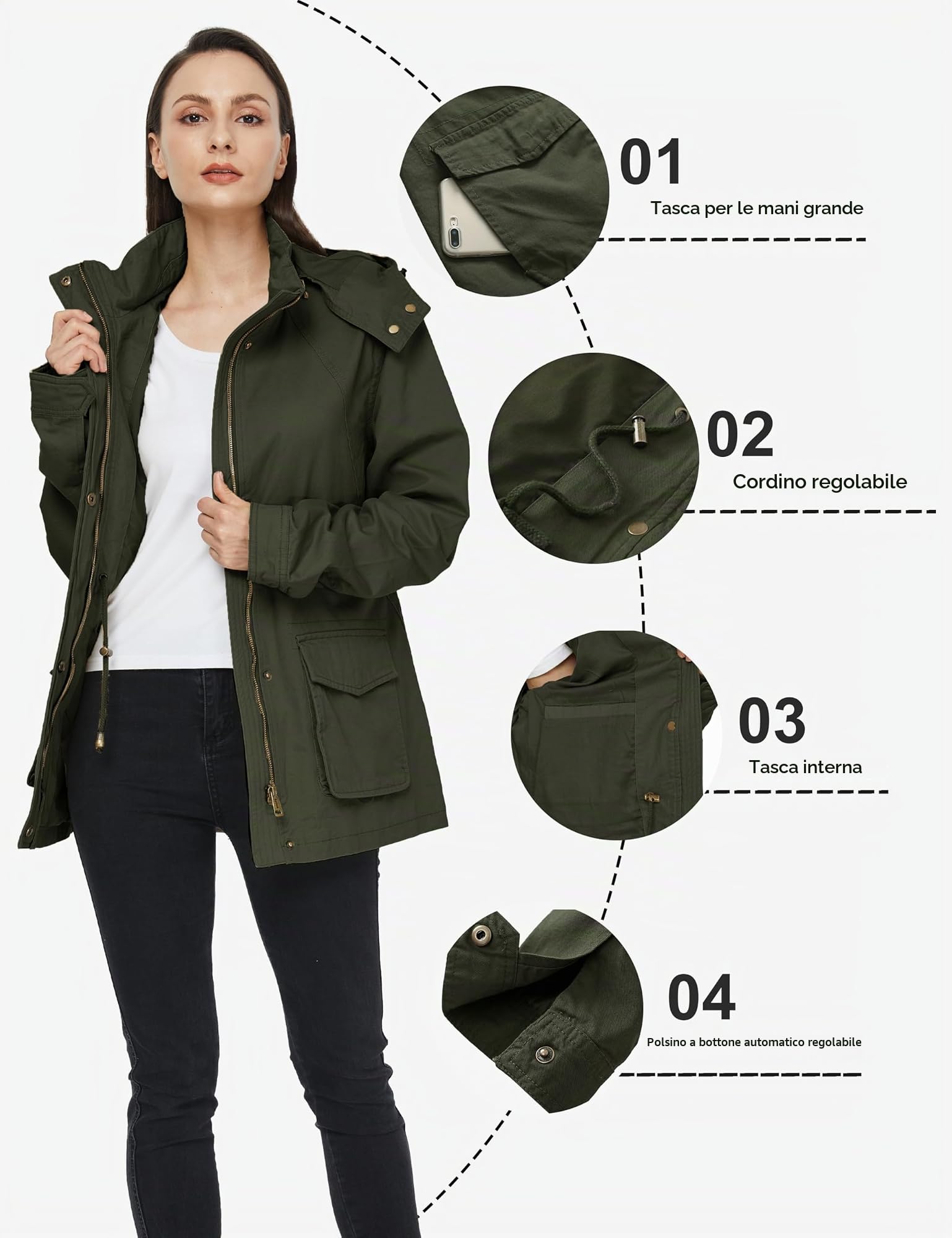 WenVen Giacca da Donna con Zip Cotone Casual Antivento Cappotto | Multi-tasche, Giacca Outdoor Donna, Windbreaker Leggero, Cintura Regolabile, Media Lunghezza, Slim Fit, Autunno & Inverno