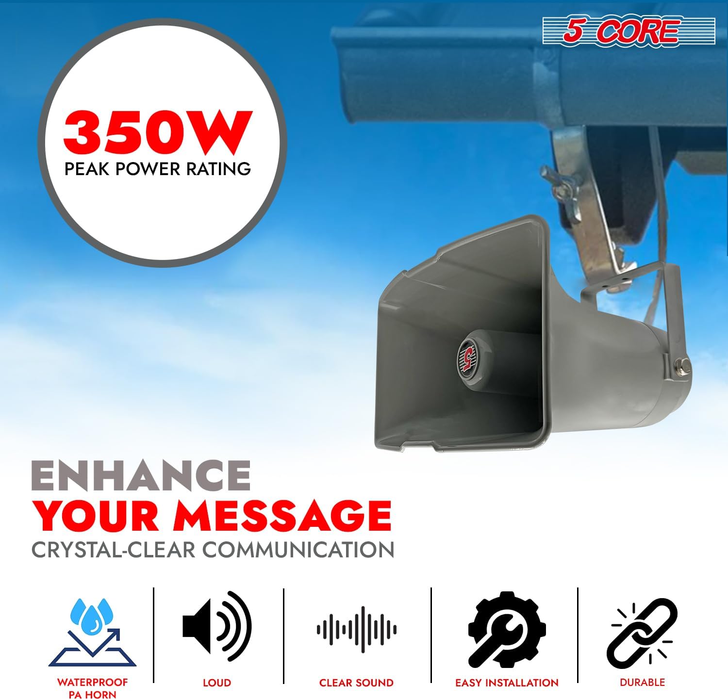 5 CORE 10 Inch PA Horn 200W Loud Speaker Bull Horn Loud Audio 8Ohm All Weather Indoor Outdoor Use Bracket and Hardware Included - SUH-150 1Pc