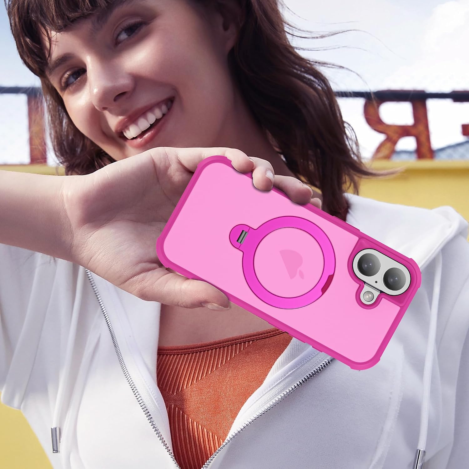 Compatible with iPhone 17 Case with Invisible Magnetic 360°Spin Stand,Military-Grade Shockproof Protection [Compatible with Mag-Safe] Non-Slip Edge Translucent Case (6.3",Hot Pink)