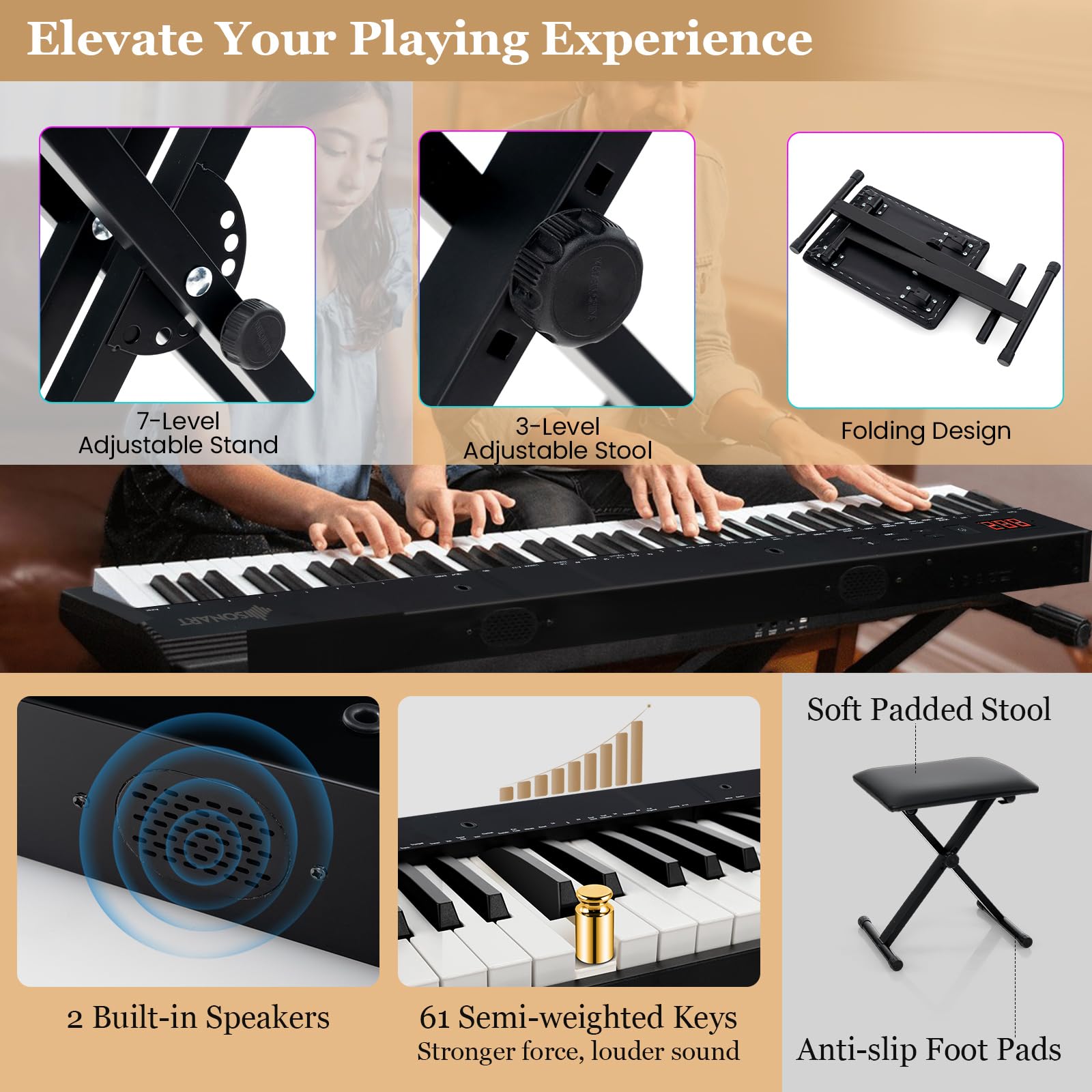 KOMFOTTEU Pianoforte Digitale 61 Tasti Semi-Ponderati, Tastiera Musicale con Supporto e Sgabello, Digial Piano con Tasti Semi-Pesati, Funzione Audio MIDI Wireless, Leggio, Pedale di Sustain e Borsa