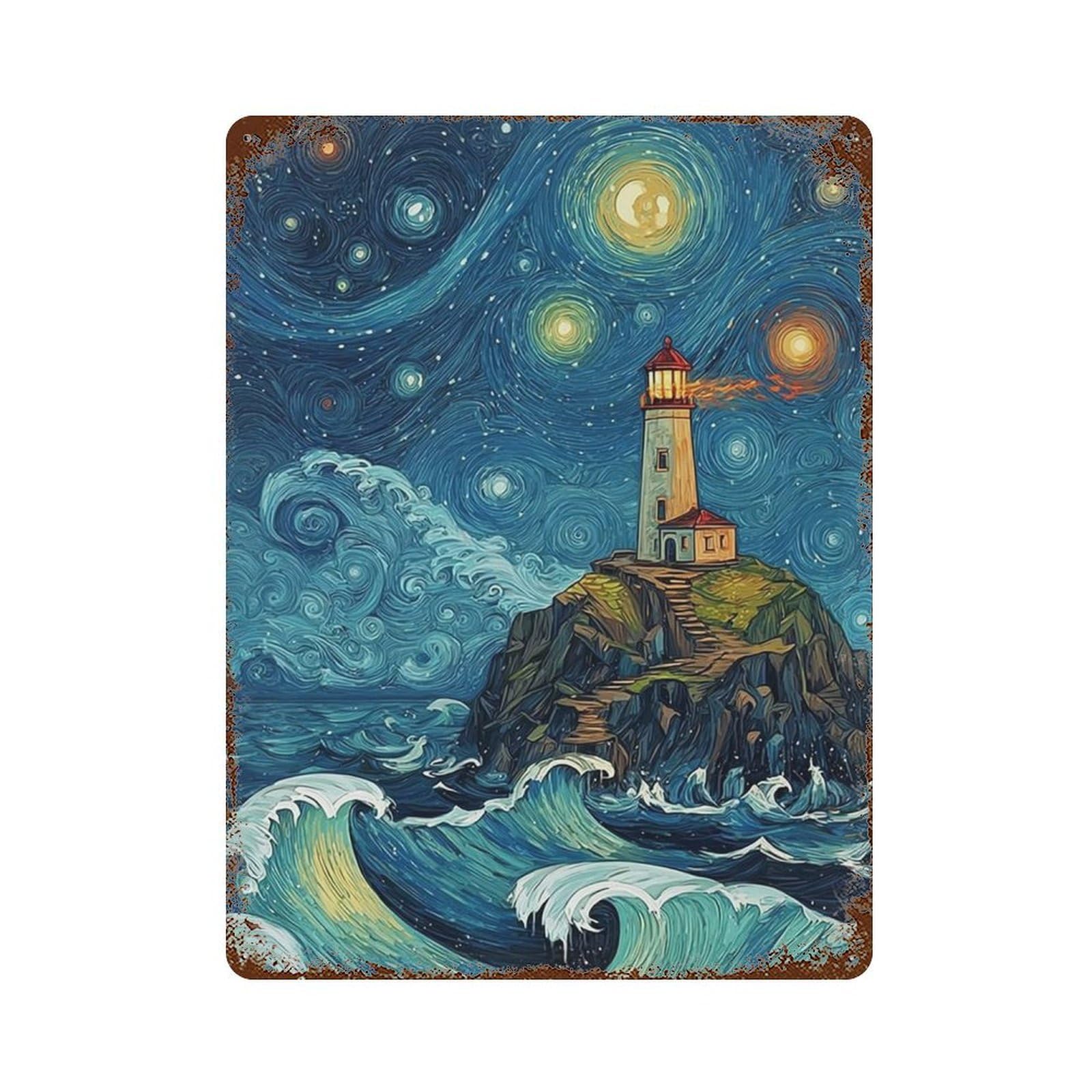 Starry Night Lighthouse Waves -1 Weathered Tin Sign 15.7"x11.8", for Basement, Hobby Room And Garage Decor, Rustic Home Decor