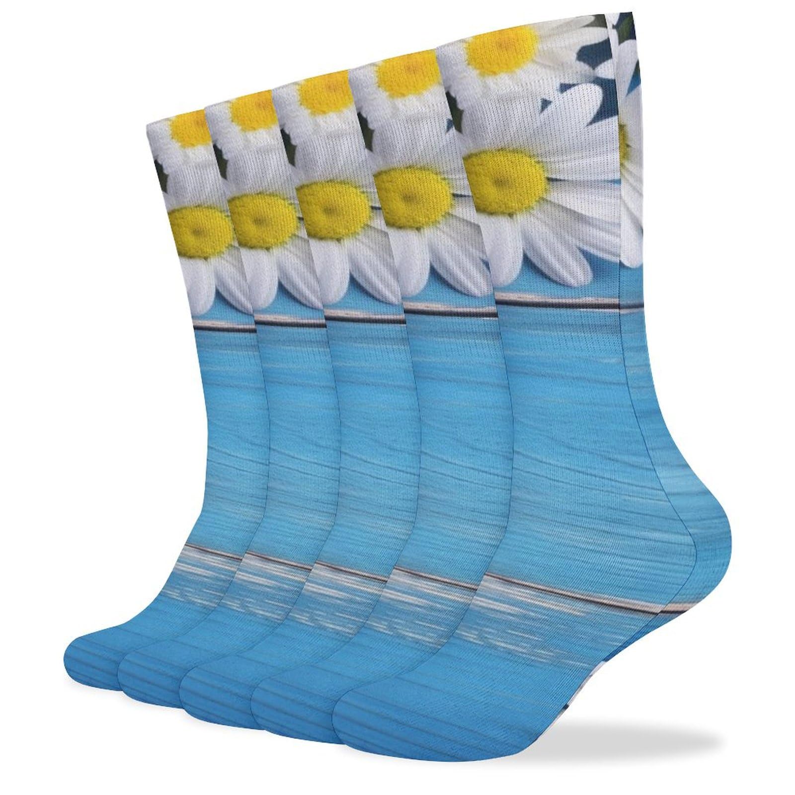 QMNRTK Daisy Flowers Blue Wooden Stocking?casual Athletic Aesthetic Socks Neutral Cotton Socks Compression Socks Control Crew Socks for Women Men