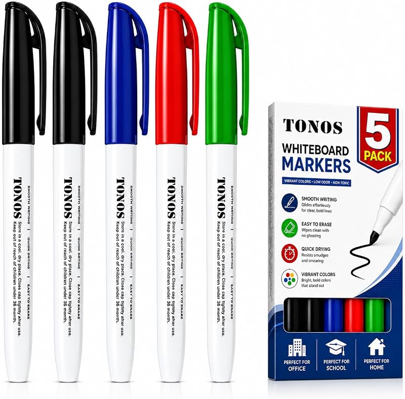 Dry Erase Markers 5 Pack, Bullet Tip Whiteboard Markers with 2 Black, Smooth Writing & Ultra Clean Erase, 1–3.2mm Fine Point White Board Markers for School, Office, Home, Teacher Supplies