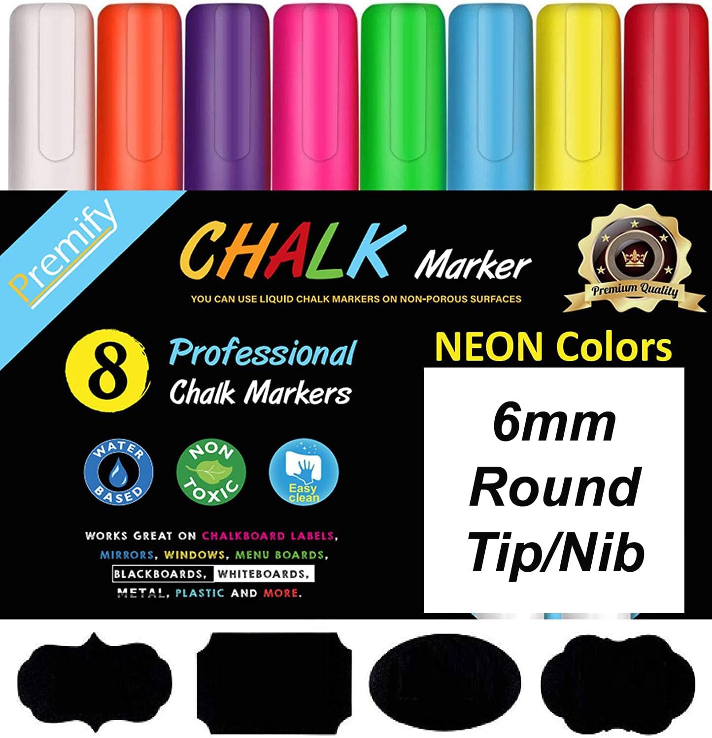 Premify Liquid Chalk Markers 8 Neon Colors + 32 Chalkboard Labels, Whiteboard, Blackboard Pen, Bistro, Glass, Signs, Dustless Erasable White Board Pens, 6mm Round Bullet Nib, Kids Safe Marker